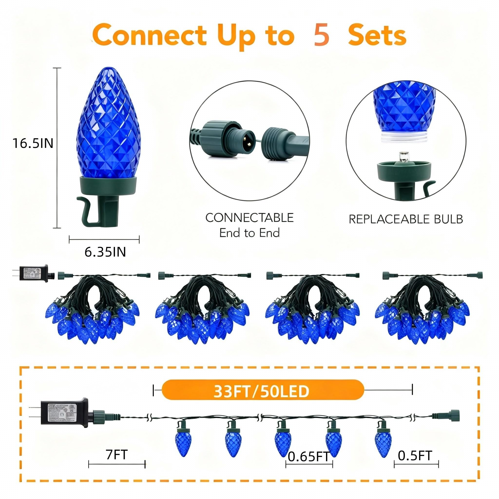 Ucutely C9 Led Christmas Lights Outdoor 33 Feet 50 Led 8 Lighting Modes Waterproof Connectable Christmas String Lights For Outside Roofline Patio Home Xmas Decorations (Blue)