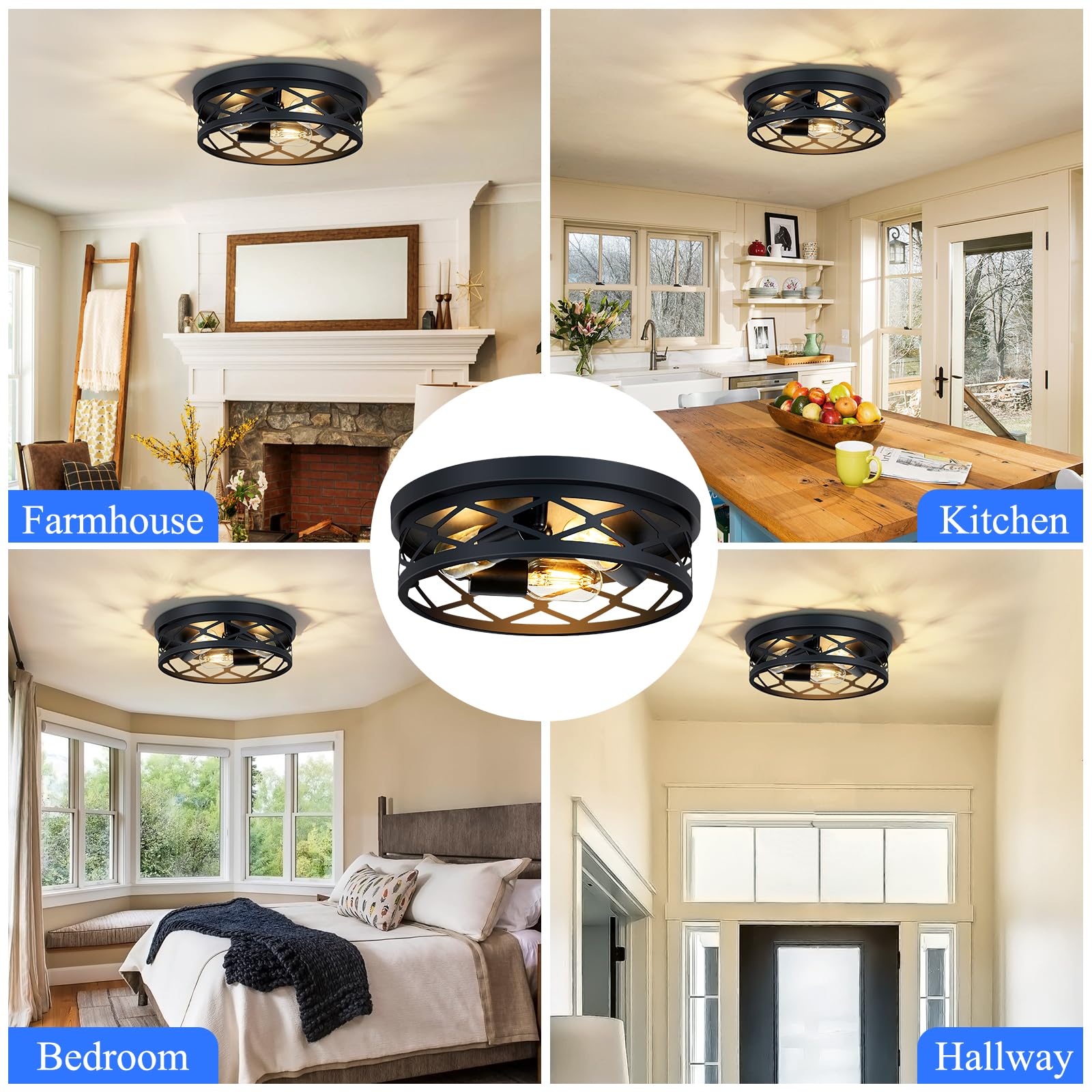 Skejao Flush Mount Ceiling Light Fixture, 3-Light Ceiling Light Fixture For Hallway, Black Hallway Light Fixtures Ceiling,Light