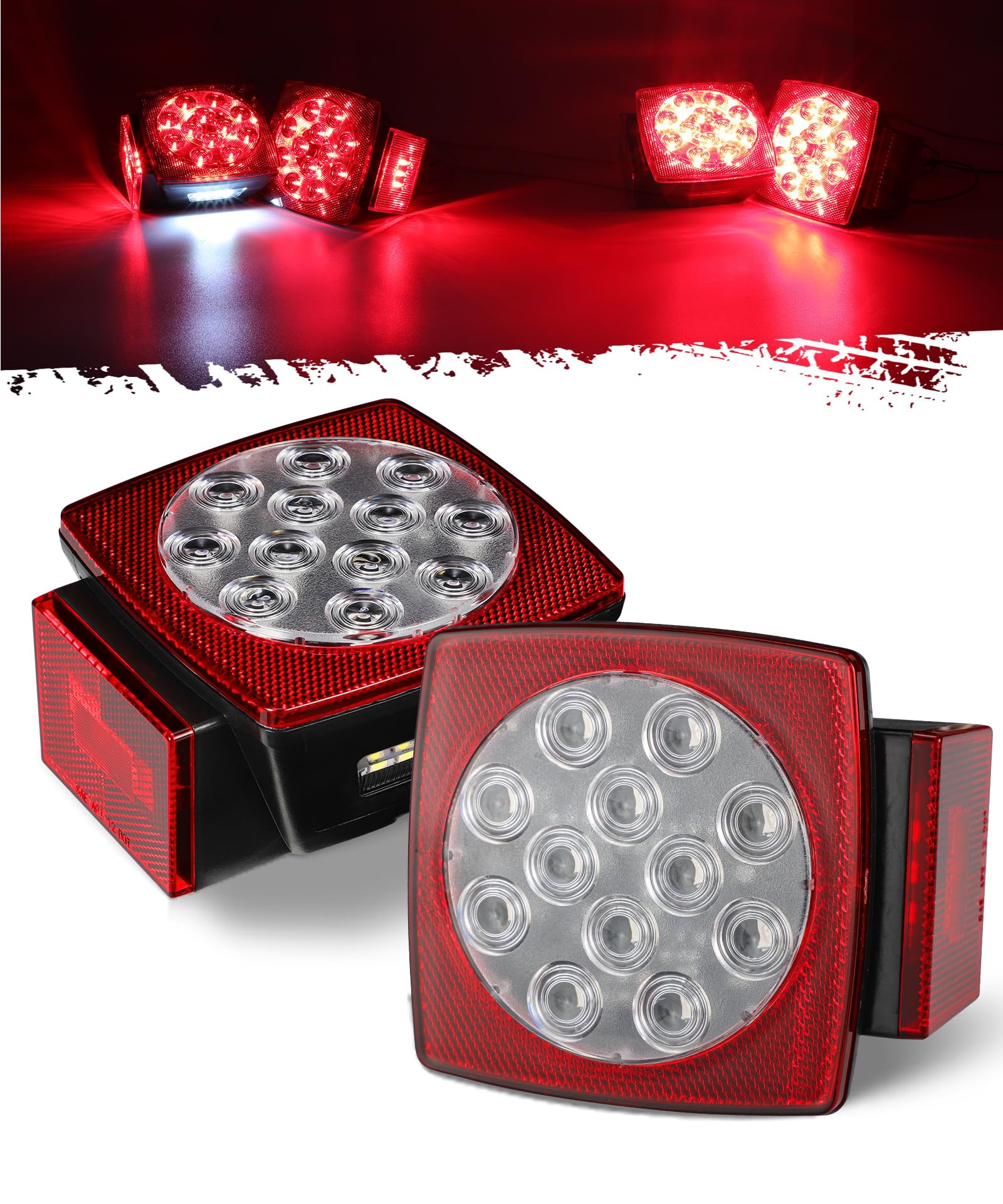 Partsam 12V Submersible Square Led Trailer Lights, Red White Led Stop Turn Tail License Side Marker Running Light Lamp For Trail