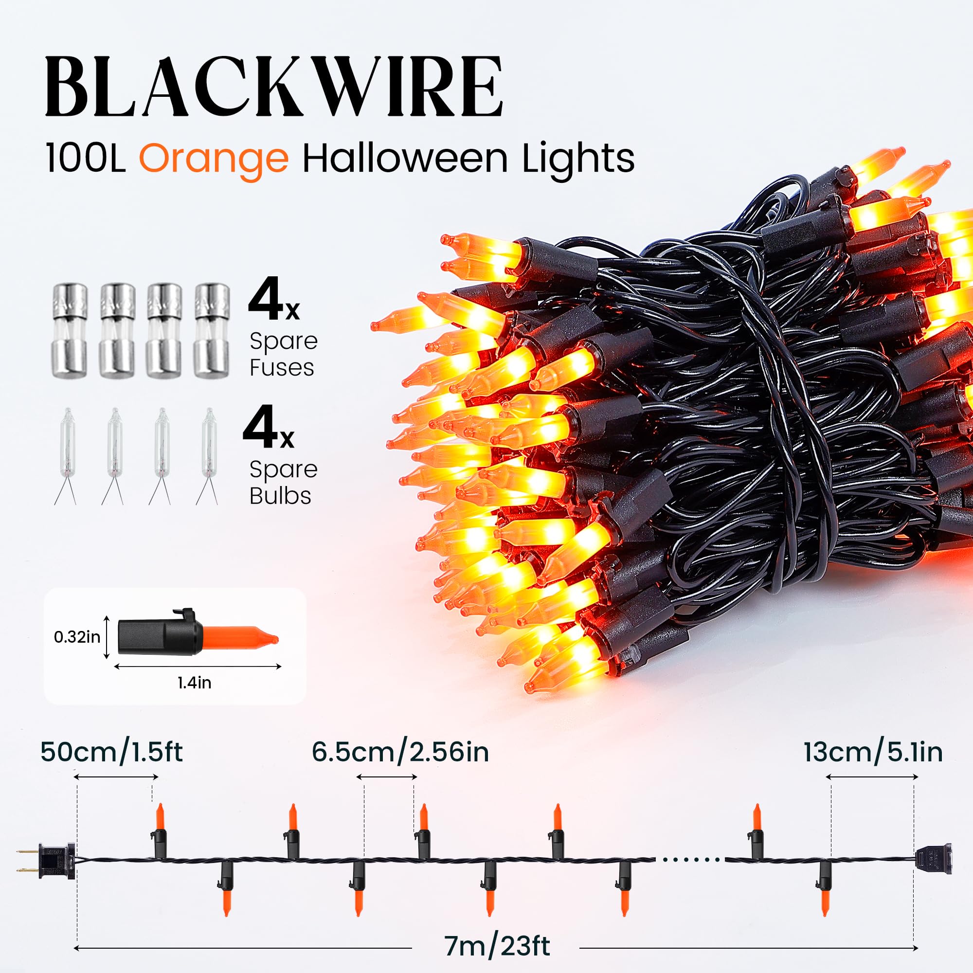 woohaha Outdoor Halloween Lights - 100 Count Mini Orange String Lights, 23 Feet, Black Wire, Copper, Connectable for Garden and Party Decor