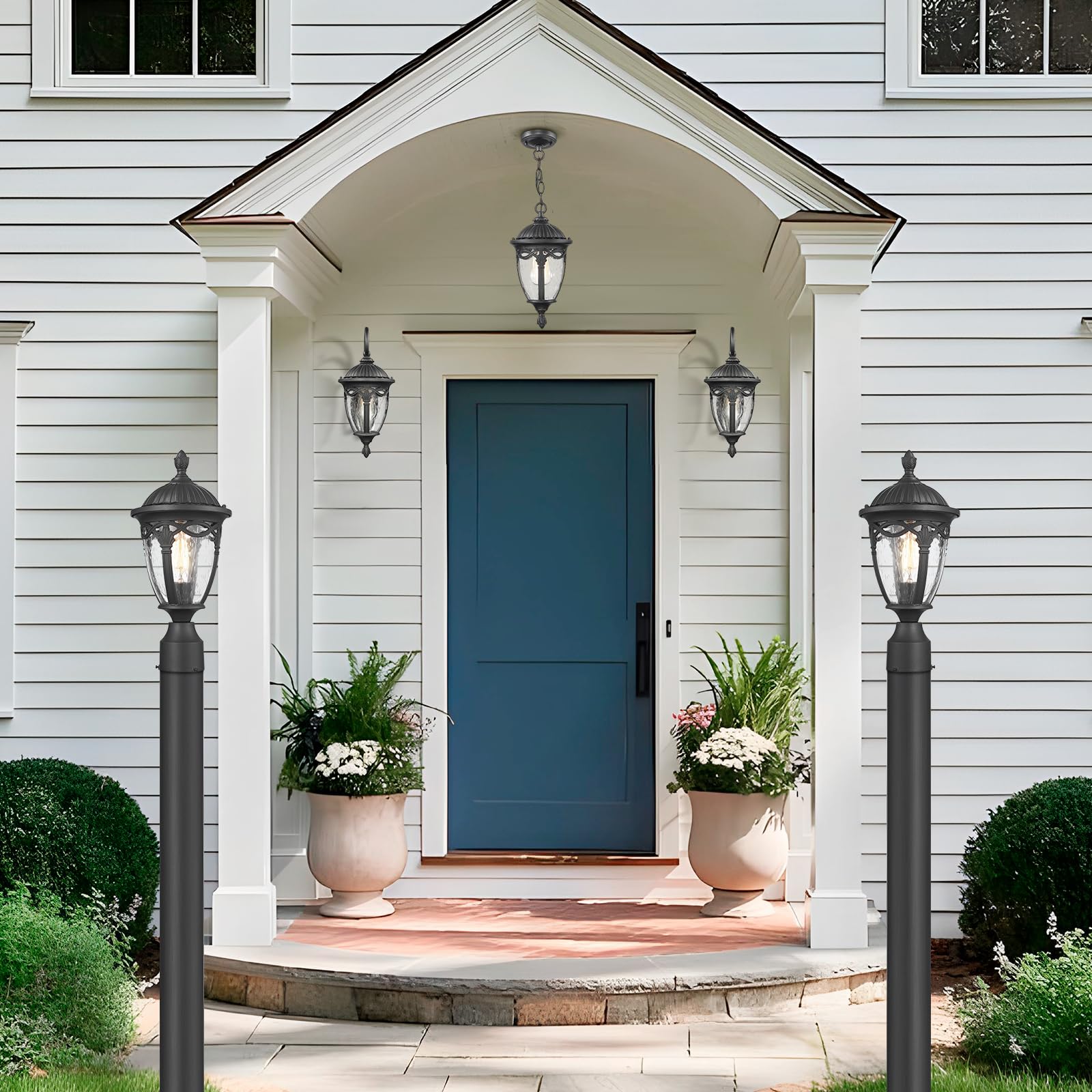 Luminzone Outdoor Post Light Exterior Post Sconce Modern Pole Lantern Outdoor Lamp Post Light With Seeded Glass In Black Finish