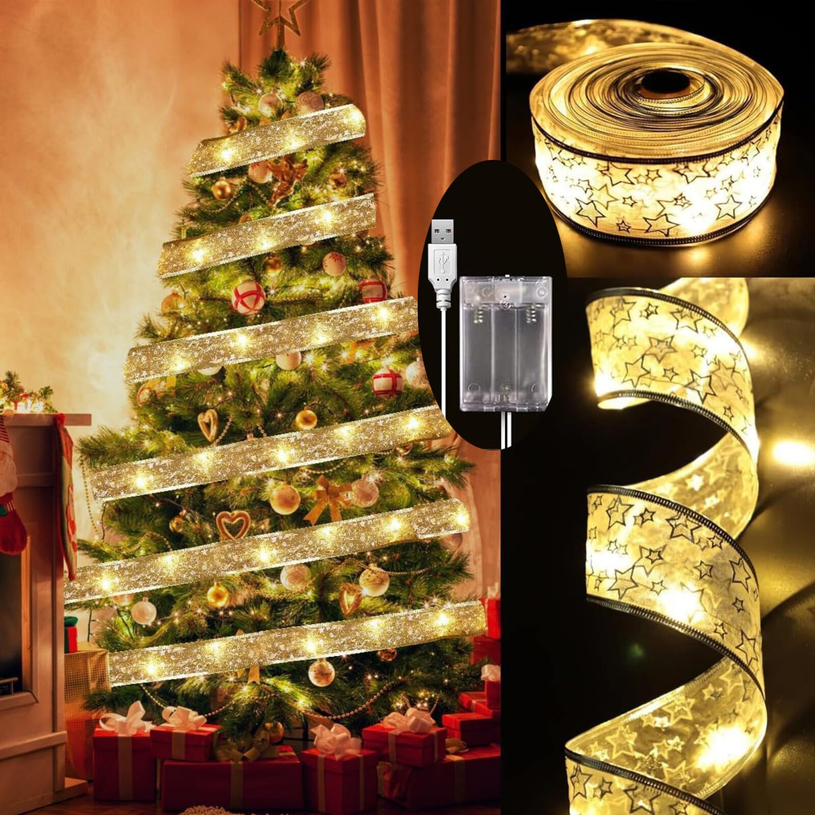 Gold Christmas Tree Decorations Ribbon Lights, 64ft 200 LED String Lights, Battery-Powered Copper Wire Christmas Tree Ribbon Lights for Holiday Party Weddings Indoor Christmas Tree Decorations