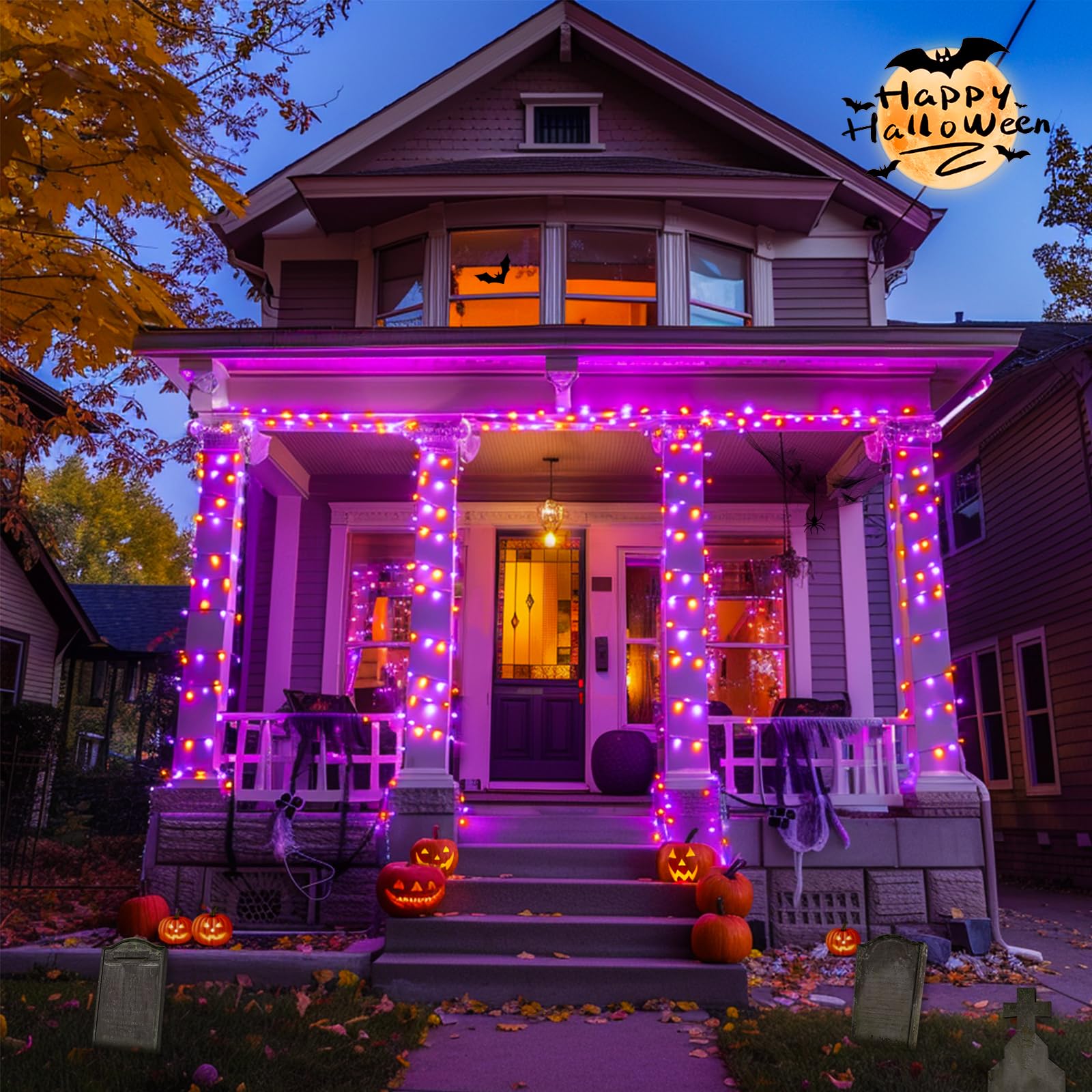 JMEXSUSS Halloween String Lights, 400LED, 132ft Clear Wire, 8 Modes, Orange and Purple, Model EXS-S-0400-R