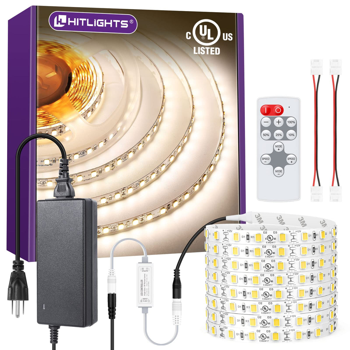 Hitlights White Led Strip Lights Kit With Remote & 12V Power Supply, 16.4Ft High Density Dimmable Tape Light 4000K, 600 Leds, 30