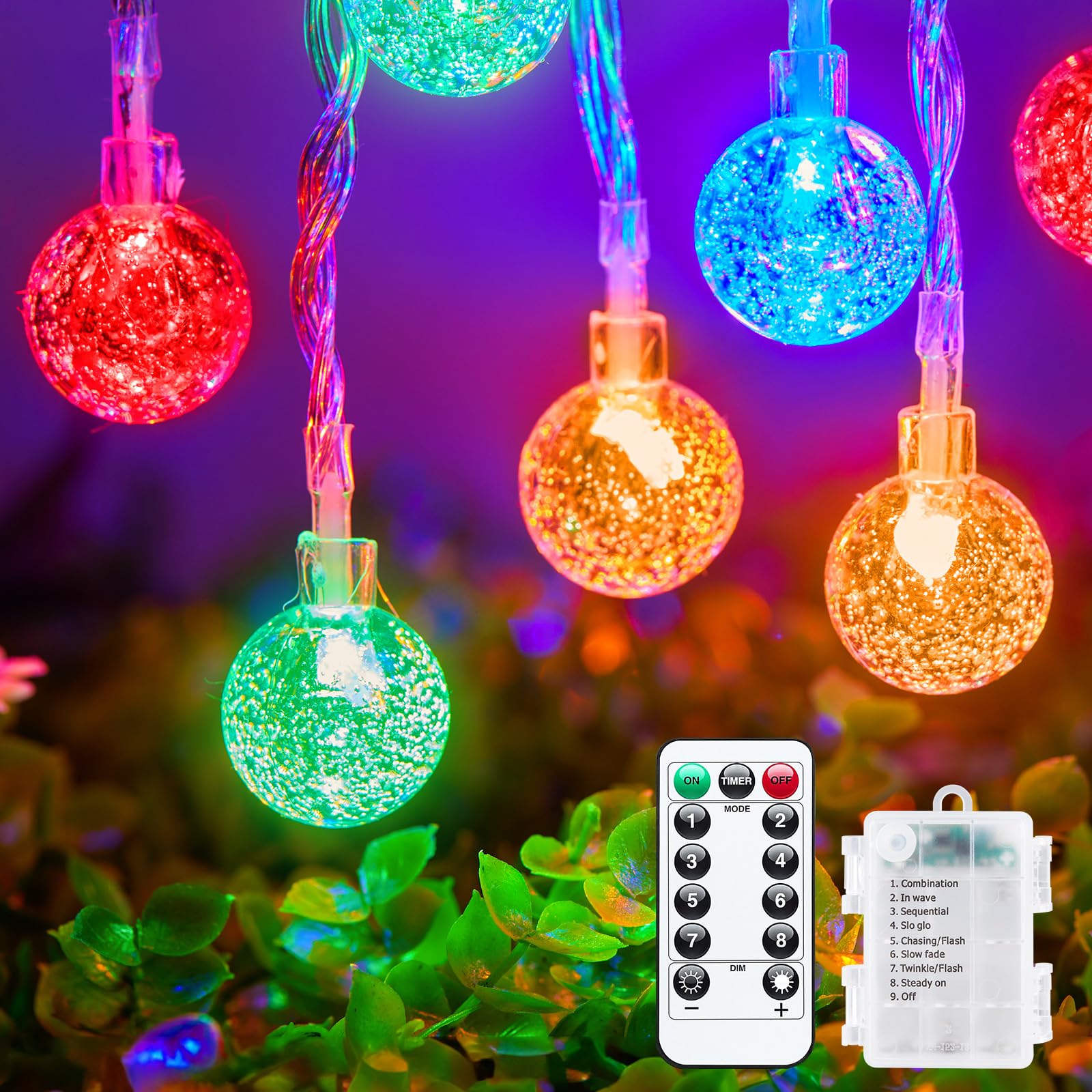 Minetom Crystal Globe String Lights, 33 ft, 60 LED, Battery Operated, Waterproof, Multicolor, 8 Modes for Indoor/Outdoor Decor