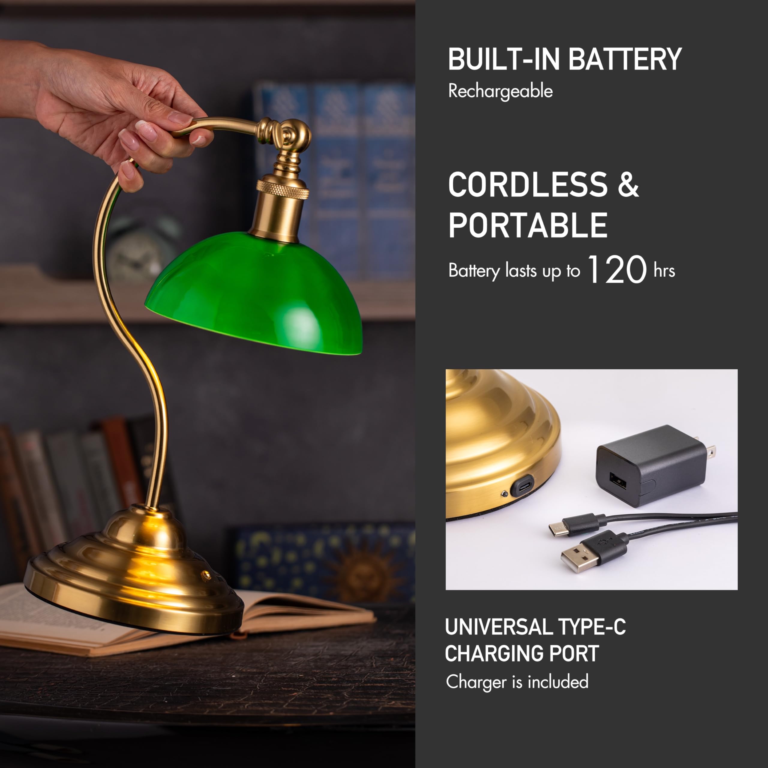 O'Bright Cordless LED Table Lamp - Rechargeable, 3-Level Dimming, Antique Brass with Green Glass Shade, Model OB-TL23B