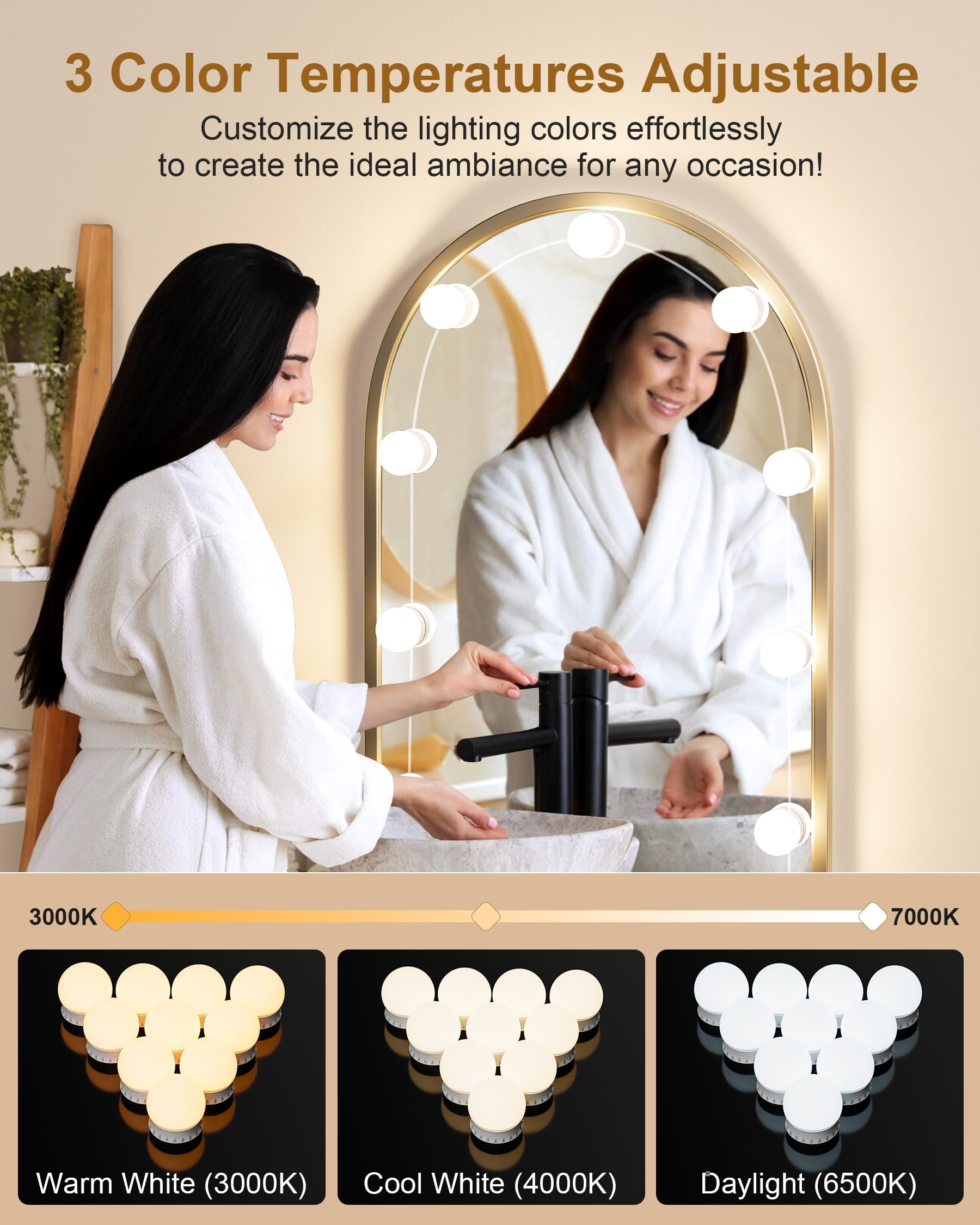 Yarnock 10 Bulbs LED Vanity Lights for Mirror, 3-Color & 10-Brightness, Wire Length Adjustable, USB Cable, Hollywood Mirror Ligh
