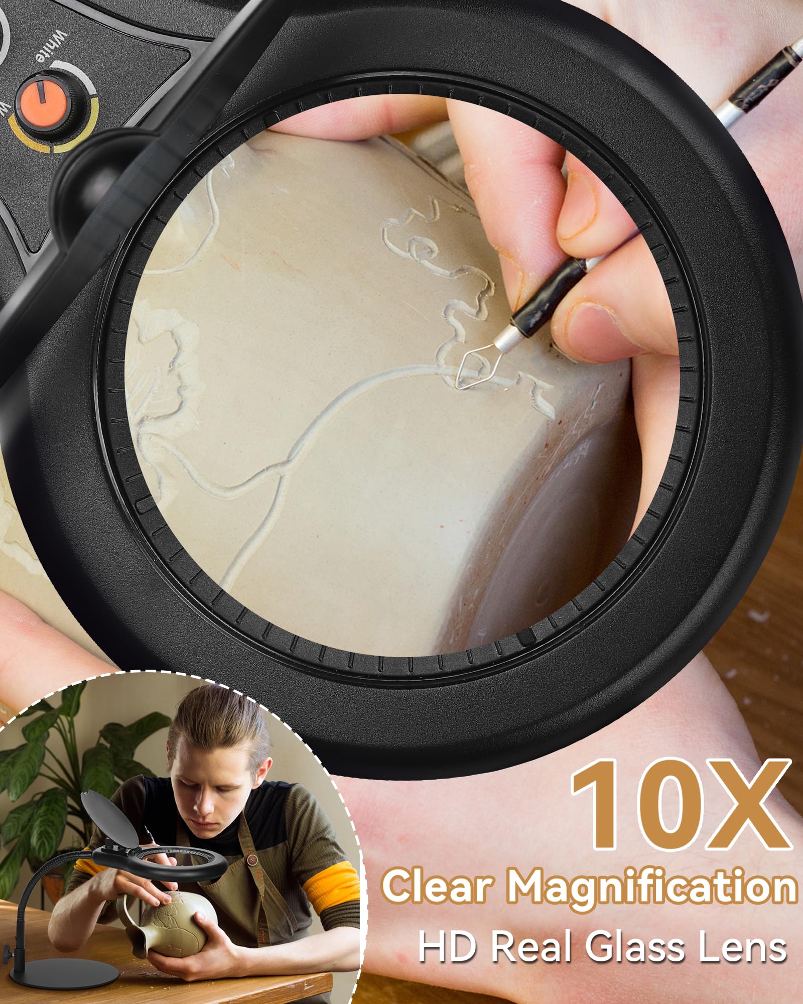 Jeedefi 10X Magnifying Glass With Light And Stand, Flexible Gooseneck Led Lighted Desk Lamp, 2200 Lumens Multiple Color Modes St