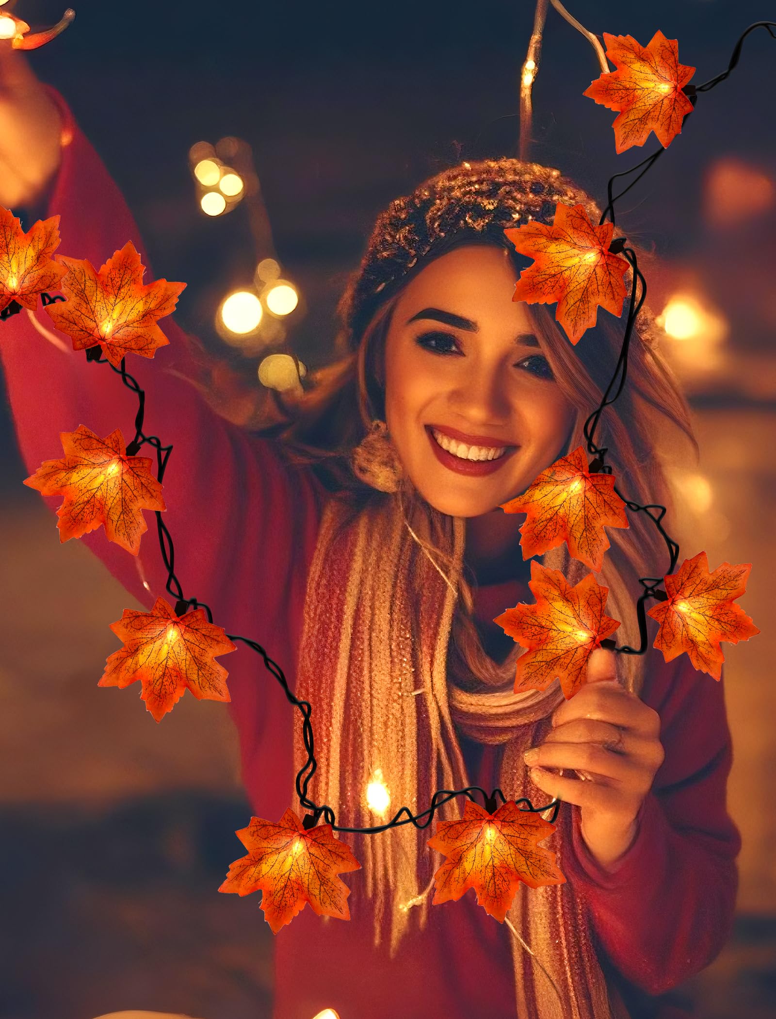 Doratale Thanksgiving Orange Maple Leaf Lights  13.6Ft Orange Fall Leaves String Lights  Waterproof Connectable Outdoor Patio String Lights For Indoor Home Outdoor Fall Decor Halloween Decorations