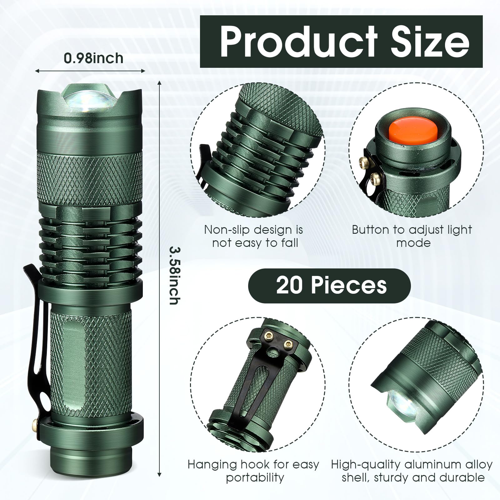 Fumete LED Flashlight Mini Tactical Torch - 20 Pieces, 3 Modes, Water Resistant, Adjustable Focus, Dark Green