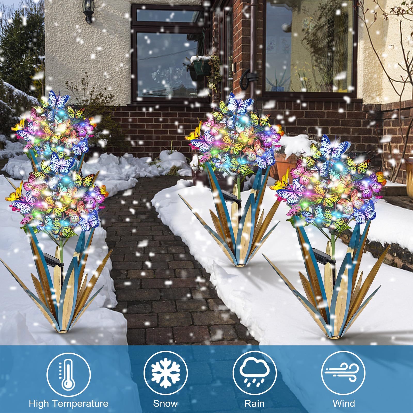 Homight Solar Metal Agave Butterfly Flower Stick Garden Sculpture Outdoor Gift Solar Garden Christmas Lights Swaying Butterfly S