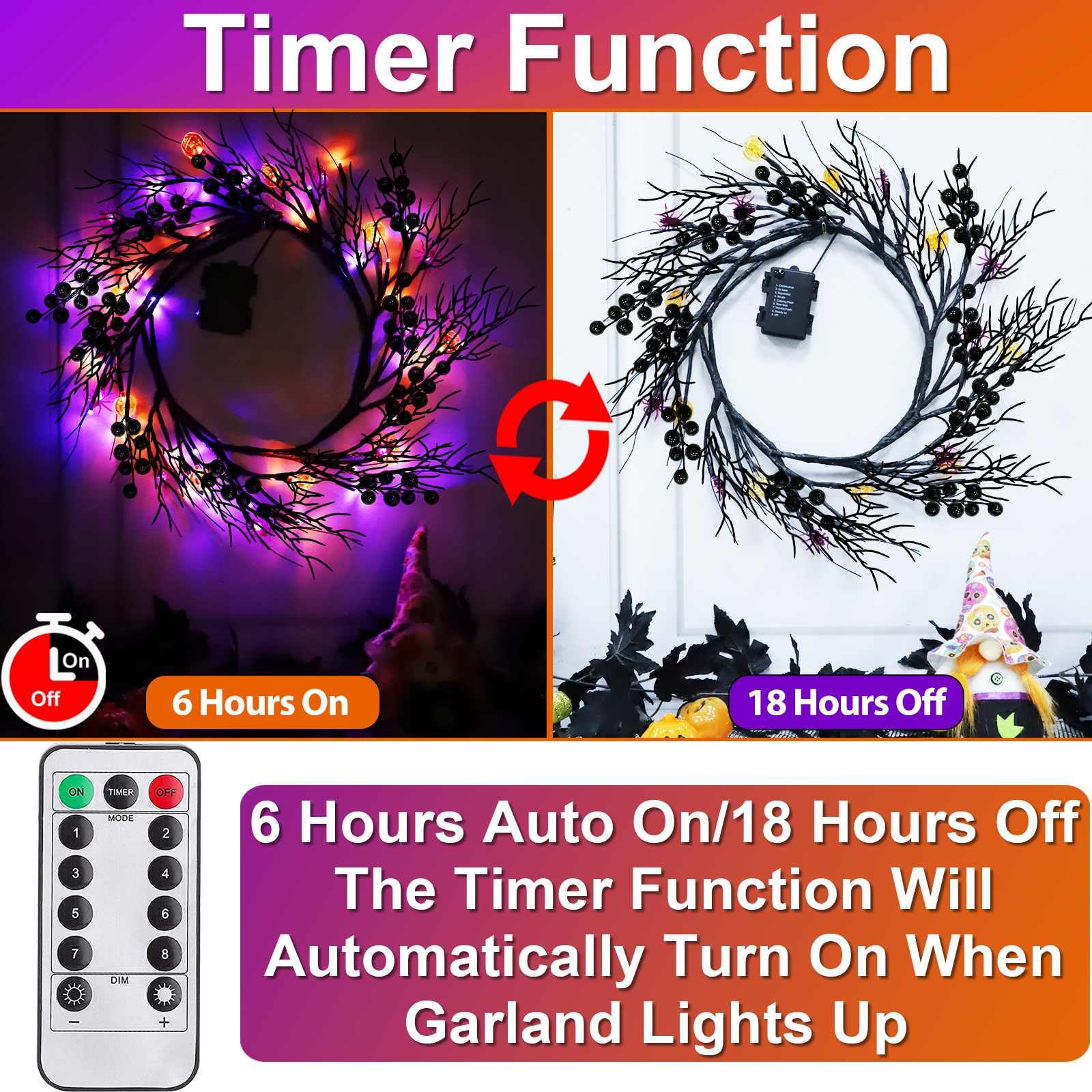 [Remote Control & Timer 8 Modes] Halloween Garland Willow Vine Lights, 6 Ft 54 LED with Orange & Purple Lights, Halloween Decora