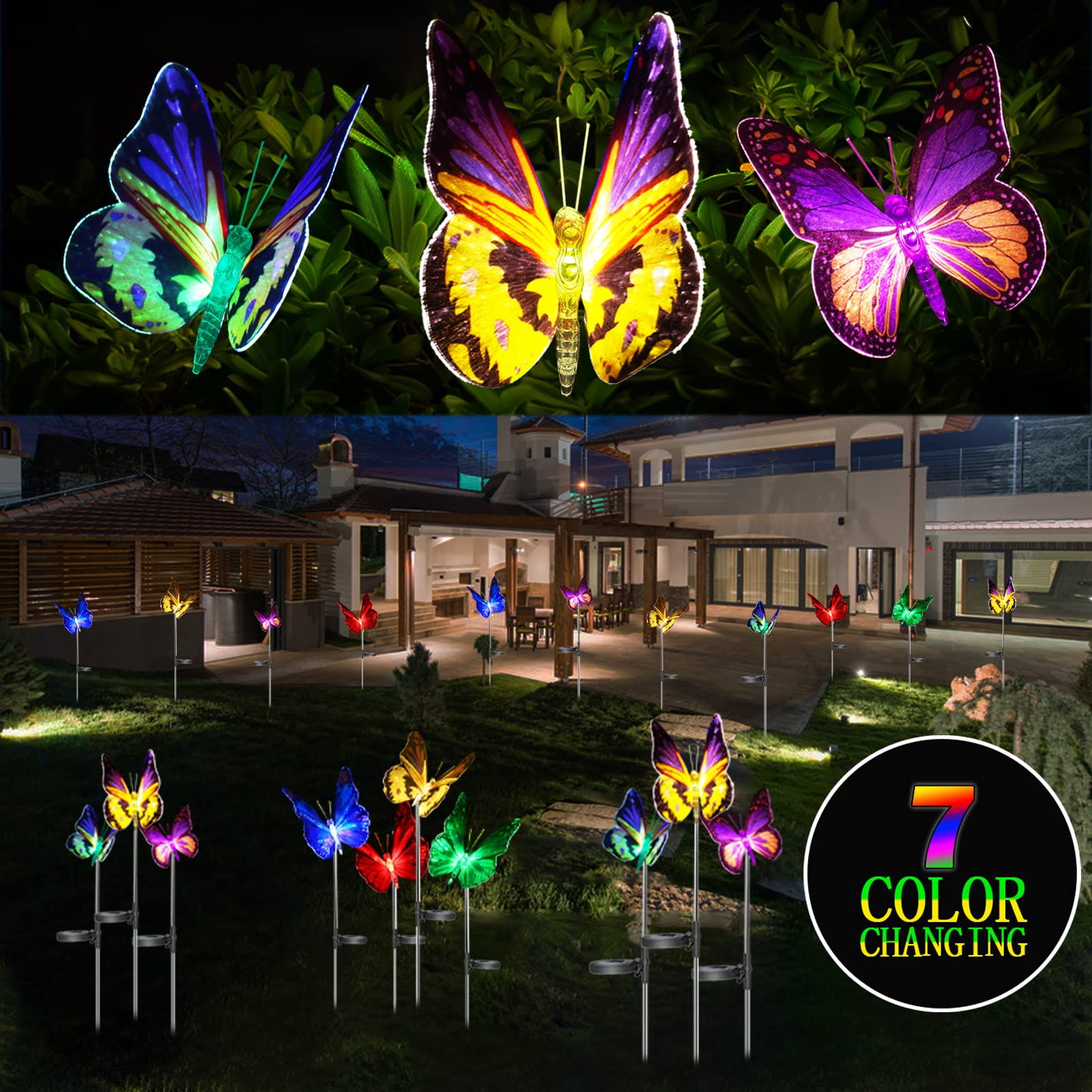 iQYTB Solar Butterfly Lights, 3 Pack Waterproof Color Changing LED Outdoor Garden Stake Lights, Fiber Optic Decoration for Patio Lawn