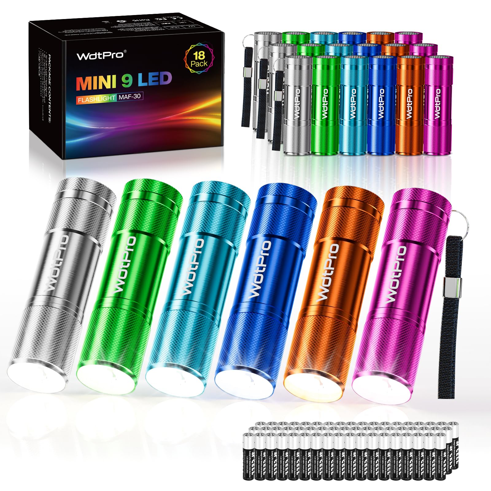 WdtPro LED Mini Flashlights 18 Pack, Aluminum, Assorted Colors, Model MAF-30
