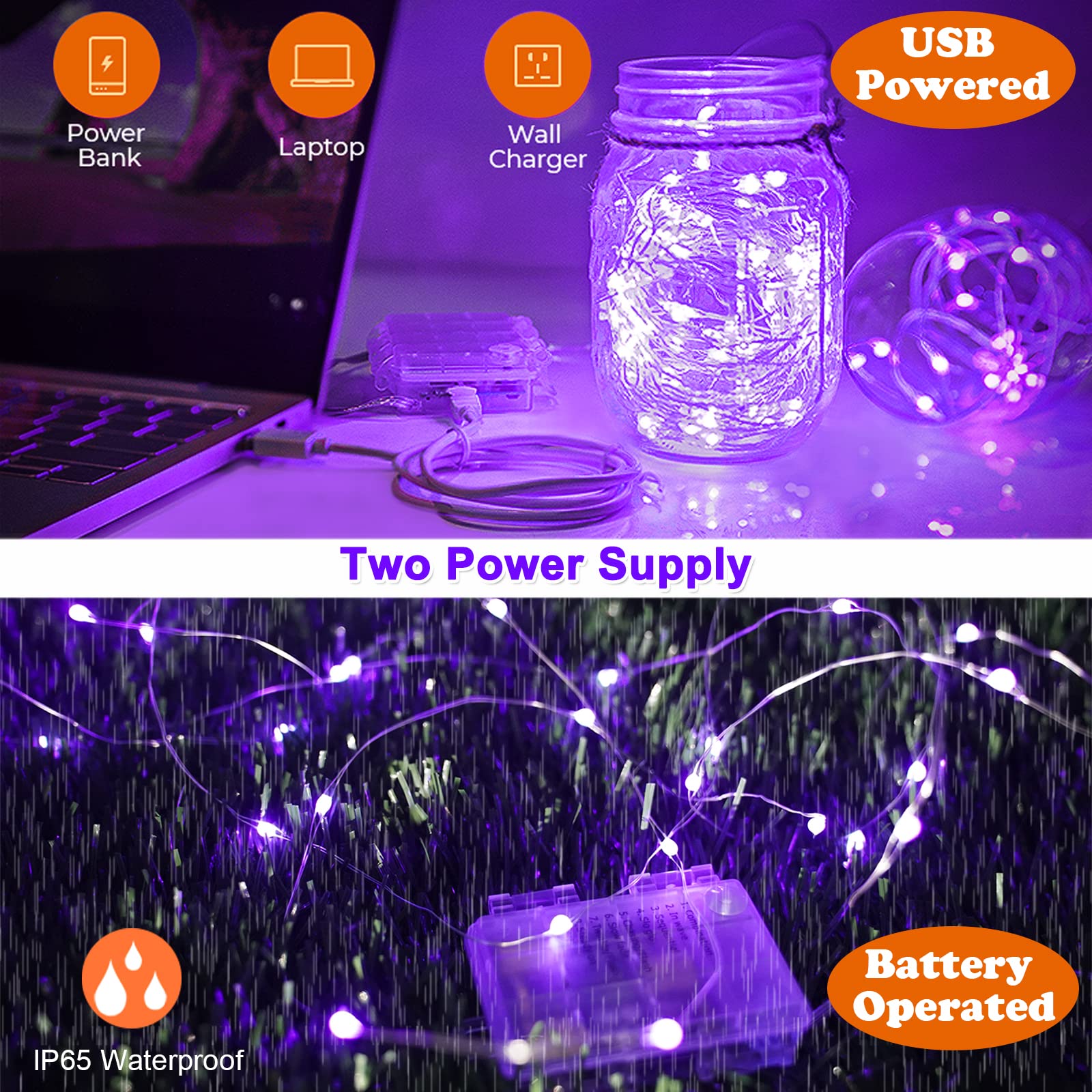 Omika 33Ft Battery Operated Led Uv Black Lights - 100 Units 2835 Beads, Remote Control, Purple, Flexible Fairy String Lights, Model Bg-Uv-Bo-2