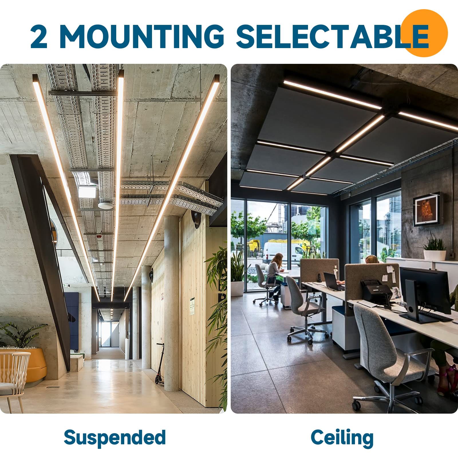 Barrina LED Linear Light, 4FT 0-10V Dimmable Suspended Lighting, 2700K 4000K 5000K CCT Selectable, 45W Linkable Shop Light Fixtu