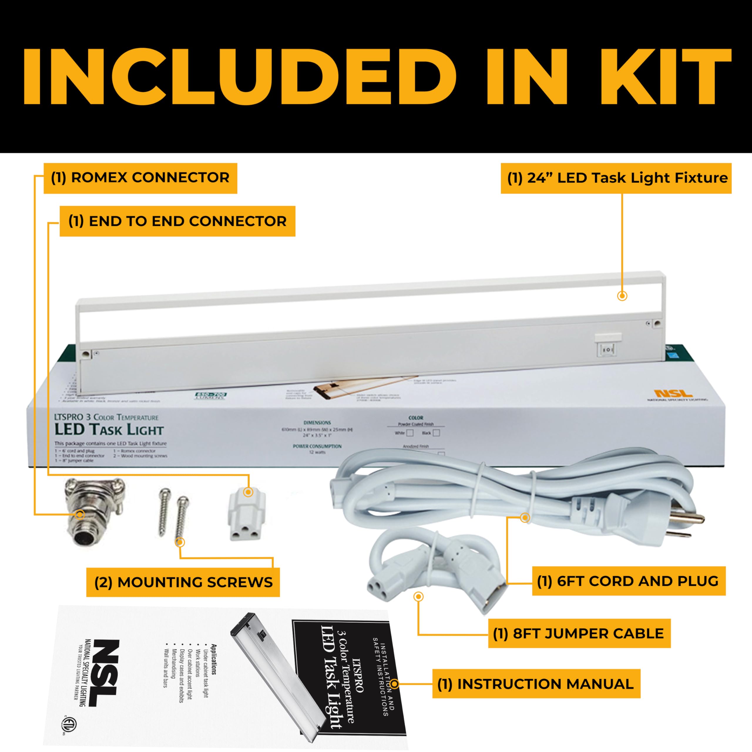 NSL LED Under Cabinet Lighting - Dimmable, 3 Color Temperatures, 24 Inch, White Finish, Model LTSPRO-24-WH