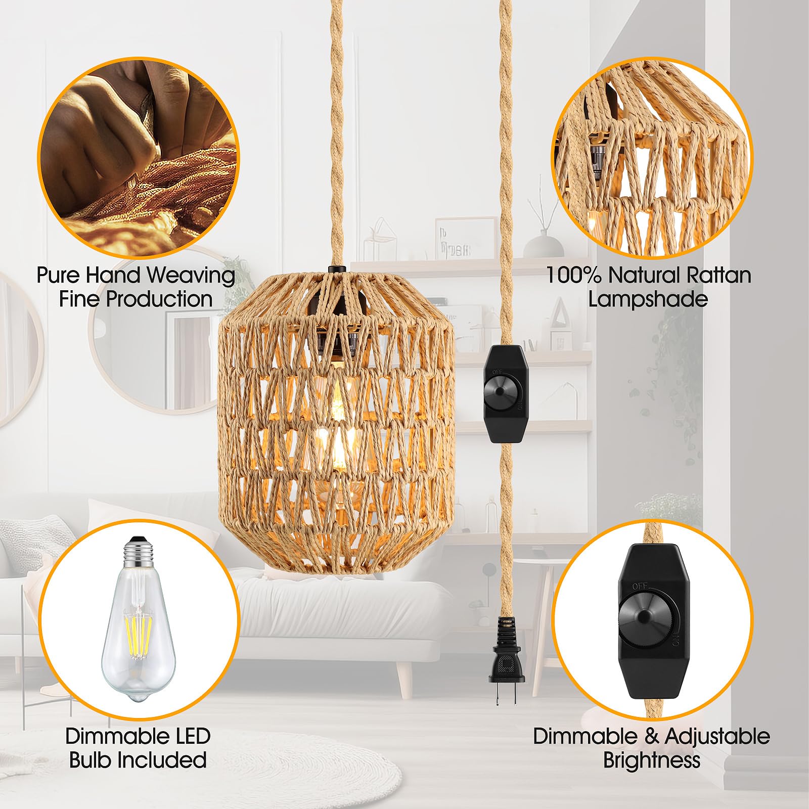Plug In Pendant Light, 15Ft Hemp Rope Cord,Hanging Lights With Plug In Cord Dimmable Rattan Hanging Lamp Wicker Woven Basket Lampshade, Industrial Plug In Ceiling Light Fixture For Kitchen (Brown)