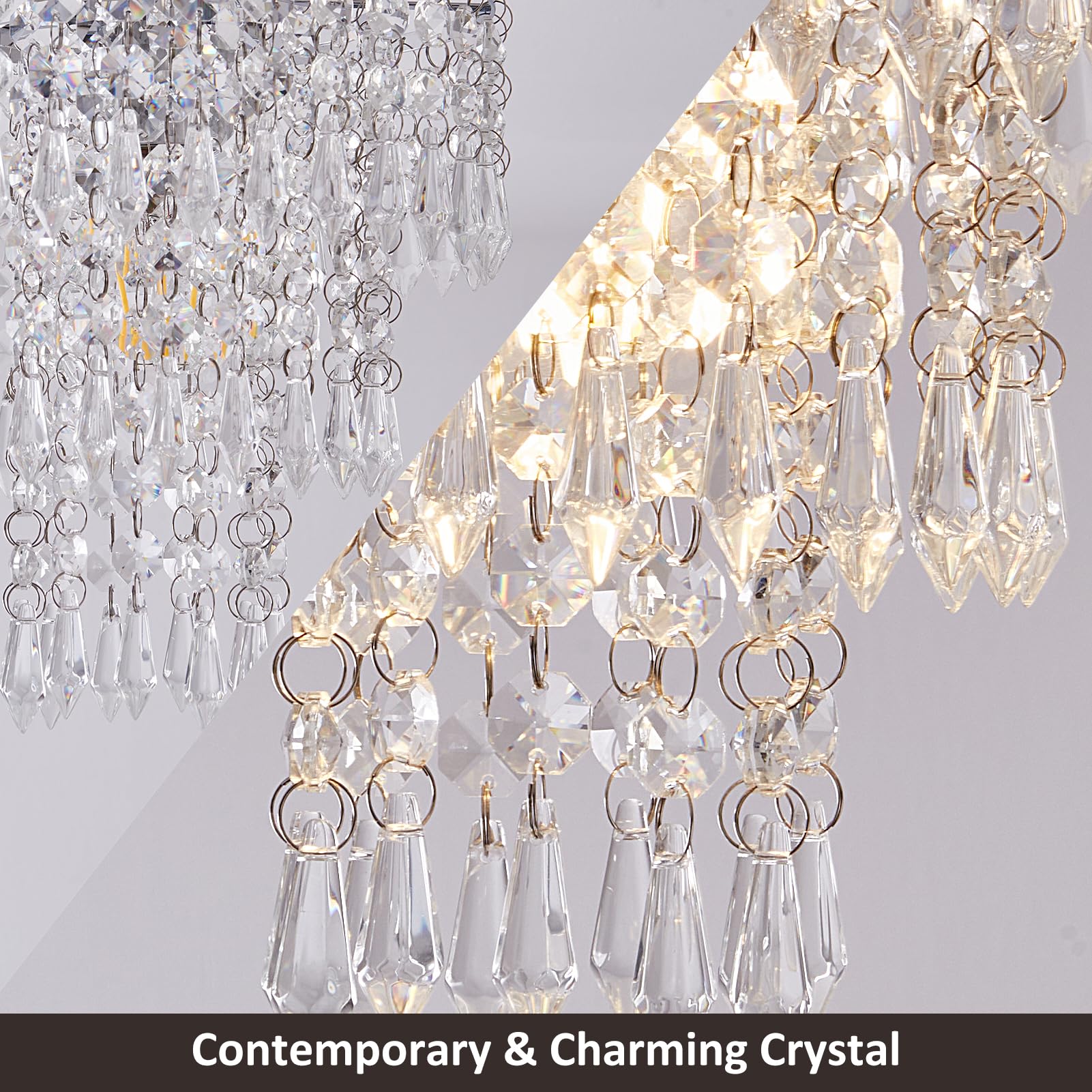 Cyaruy Small Crystal Chandelier - 3-Tier Raindrop Design, Metal, Chrome, 7.9" x 11", Flush Mount Ceiling Light for Bedroom & Living Room
