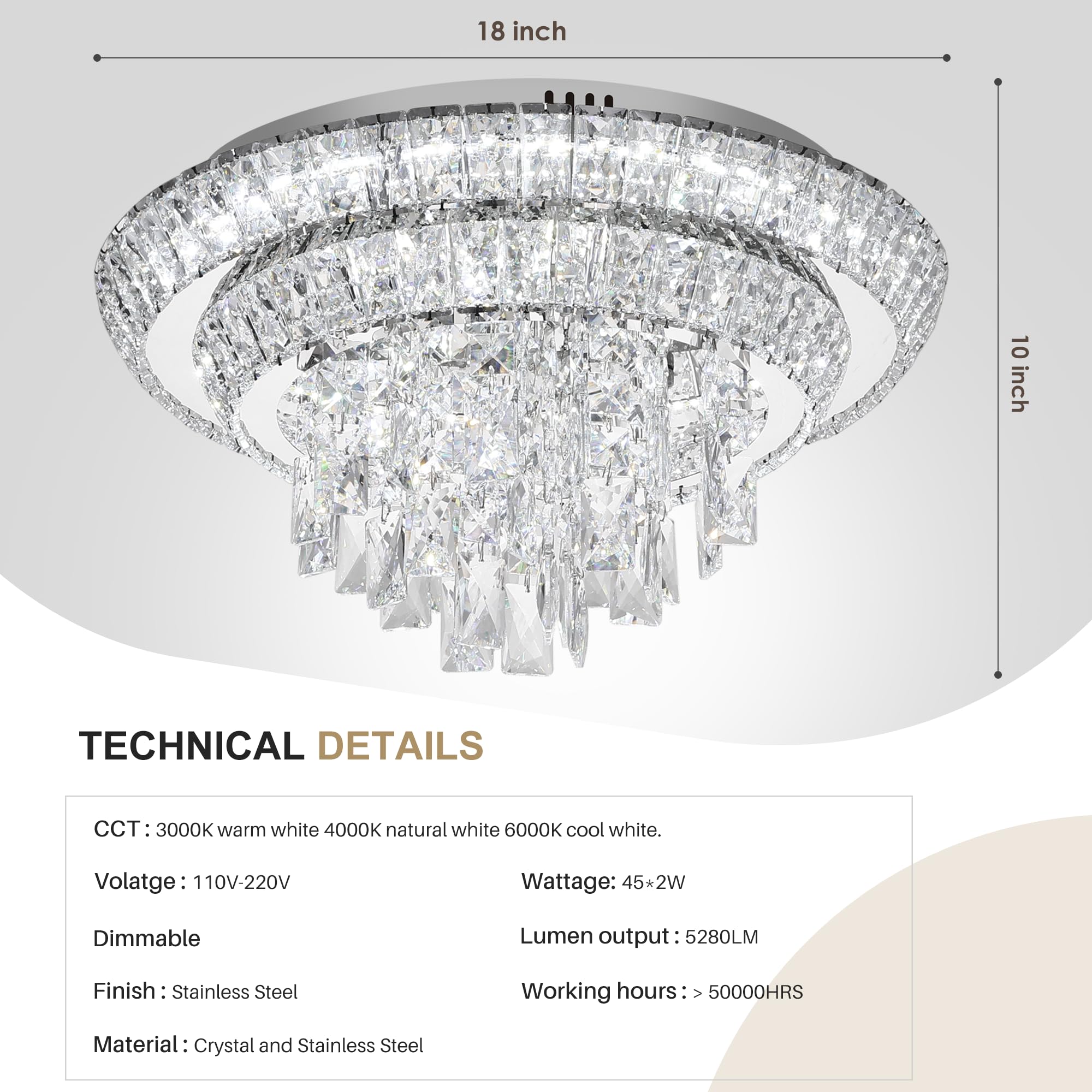 Redstar 18'' Crystal Ceiling-Light Flush Mount With Remote Control, Colors Temp & Brightness Adjustable, Modern Crystal Raindrop