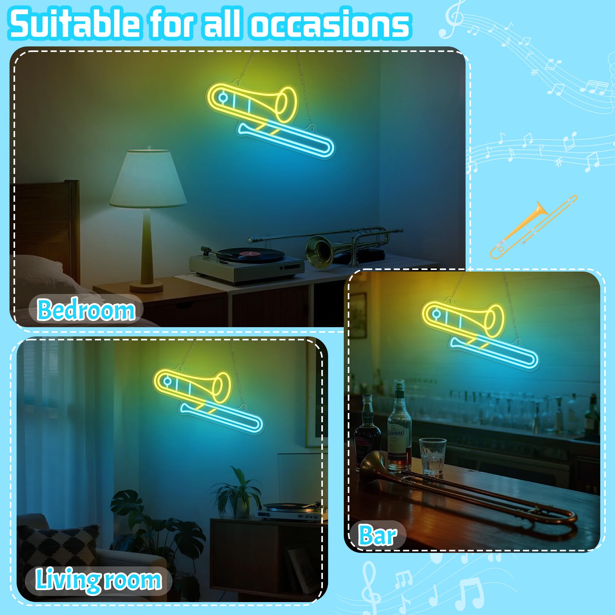 CoolGift Mart Trombone Neon Sign - Dimmable LED Light, 11.89"x16.38", Yellow-Trombone, USB Powered Room Decor for Music Lovers