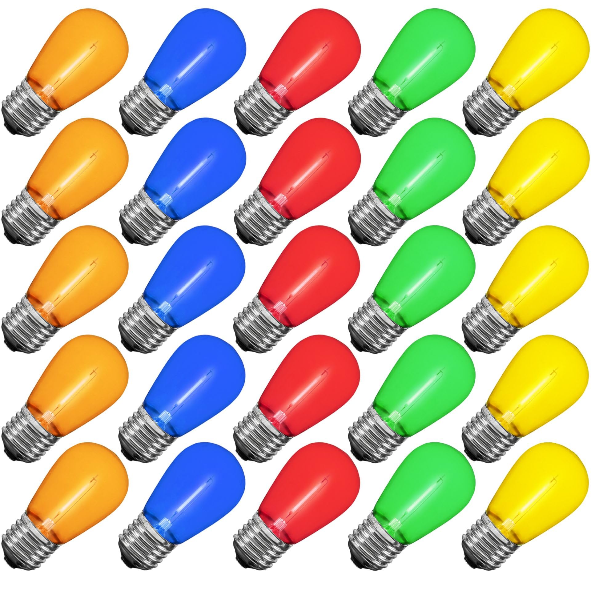 Novelty Lights S14 LED Outdoor String Light Replacement Bulbs, 25 Pack, Shatterproof Plastic, E26 Base, Multicolor