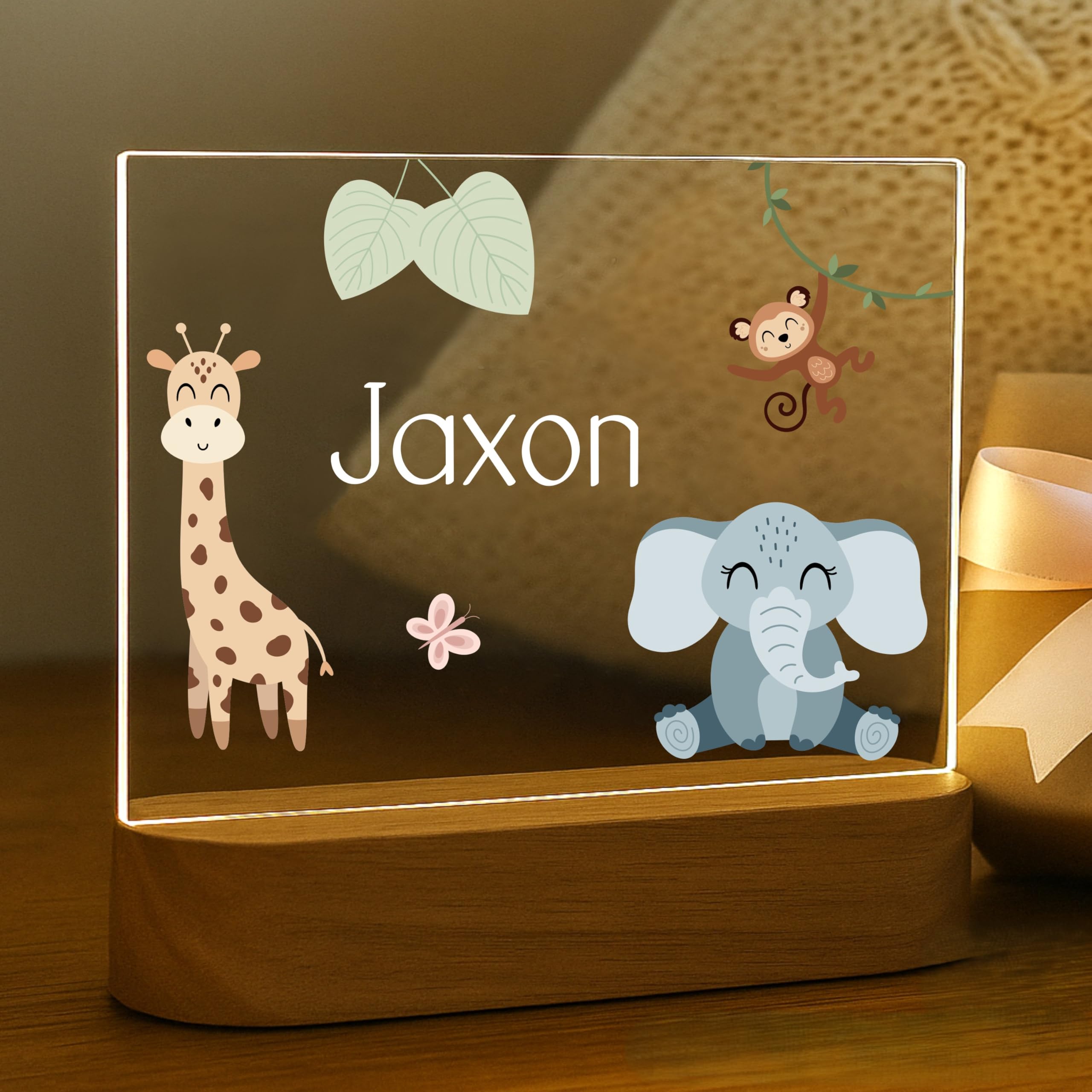 Personalized Safari Baby Night Light for Kids | Custom Name Jungle Nursery Decor | Cute 7-Color Plug-in LED Rectangular Nightlig
