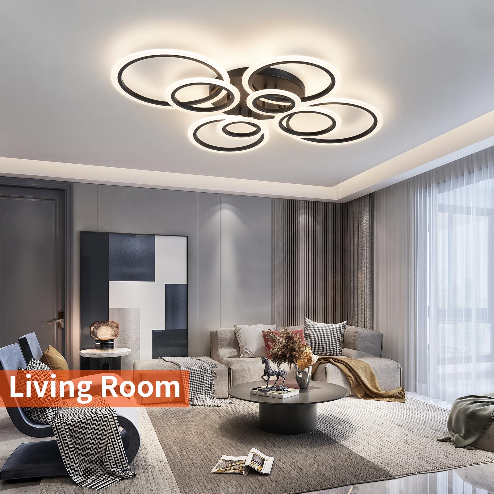 Shine Luest Dimmable Led Flush Mount Ceiling Light, 41.3&quot; Black Acrylic Lamp For Low Ceilings