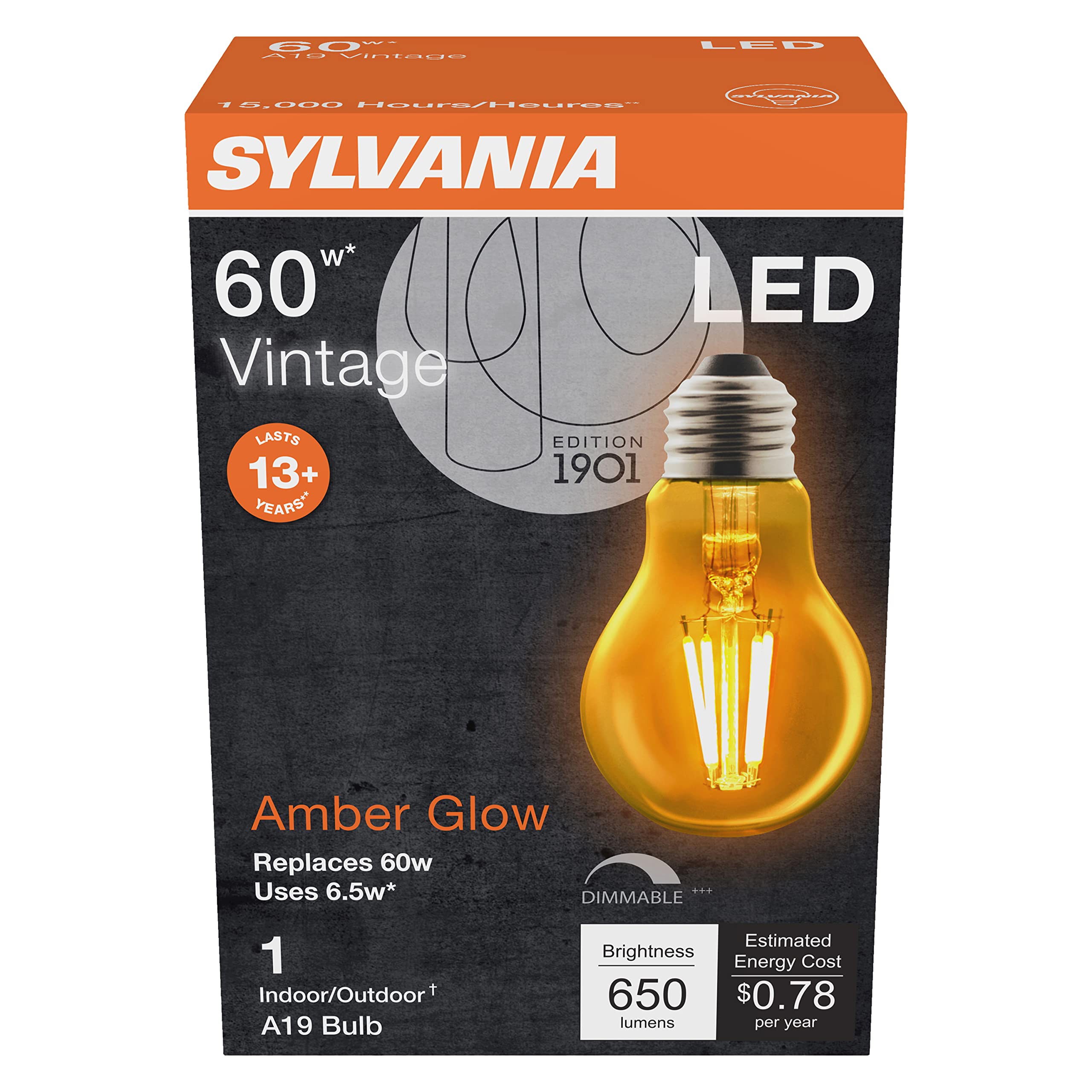 LEDVANCE SYLVANIA LED Vintage A19 Light Bulb, 60W Equivalent, Dimmable, 6.5W, 650 Lumens, Amber Glow, 1 Pack,