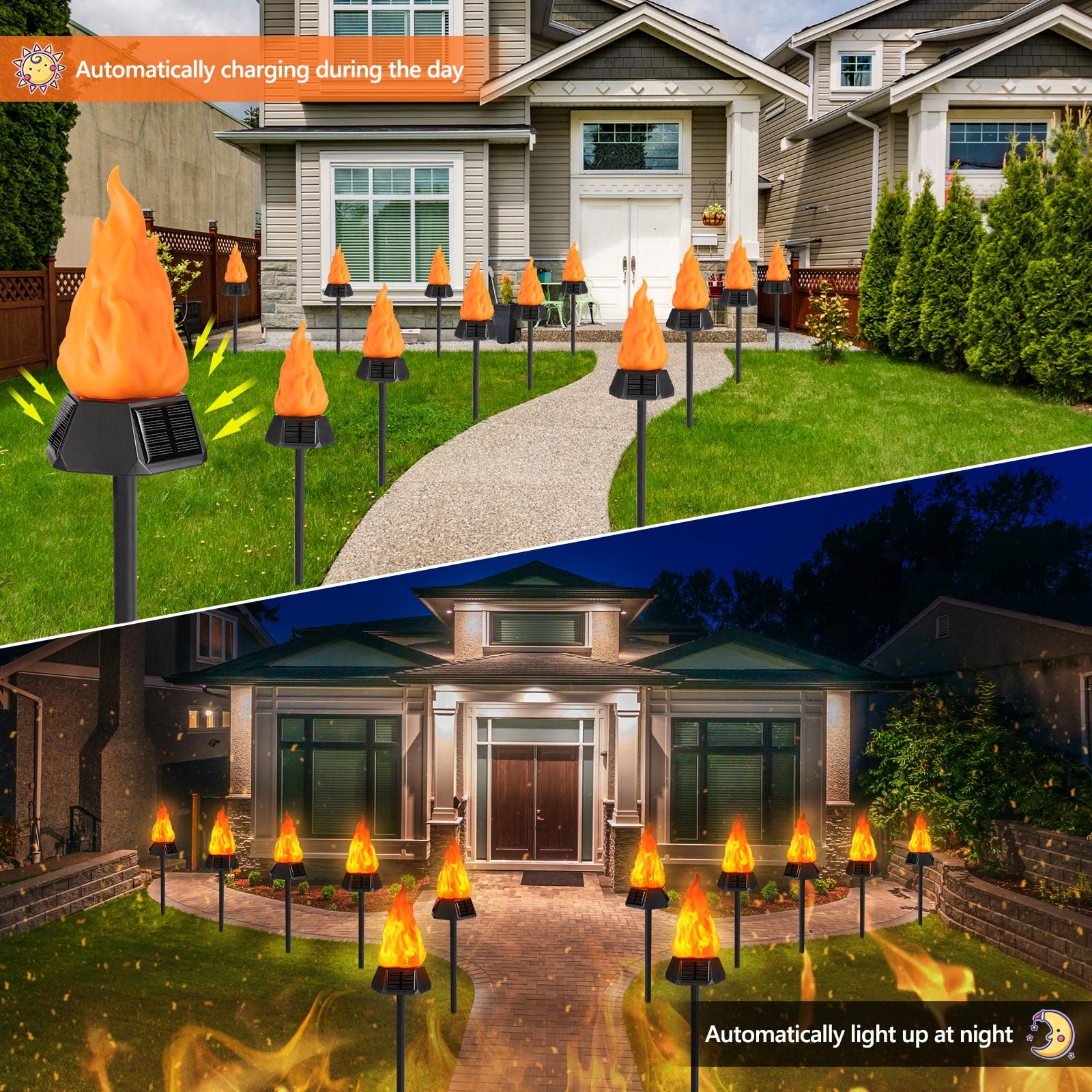 Toodour Solar Torch Lights - 8 Pack Waterproof LED Flickering Flame - Warm White - Outdoor Garden Christmas Decorations