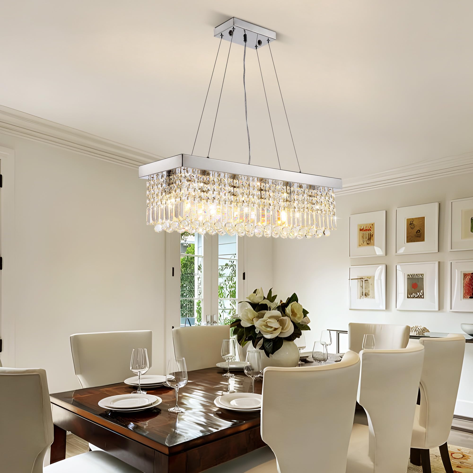 Tinkoso 6-Light Crystal Chandelier - Modern Farmhouse Pendant Light, Stainless Steel, Chrome, L31.5" x W10" x H10", Model LH-00208