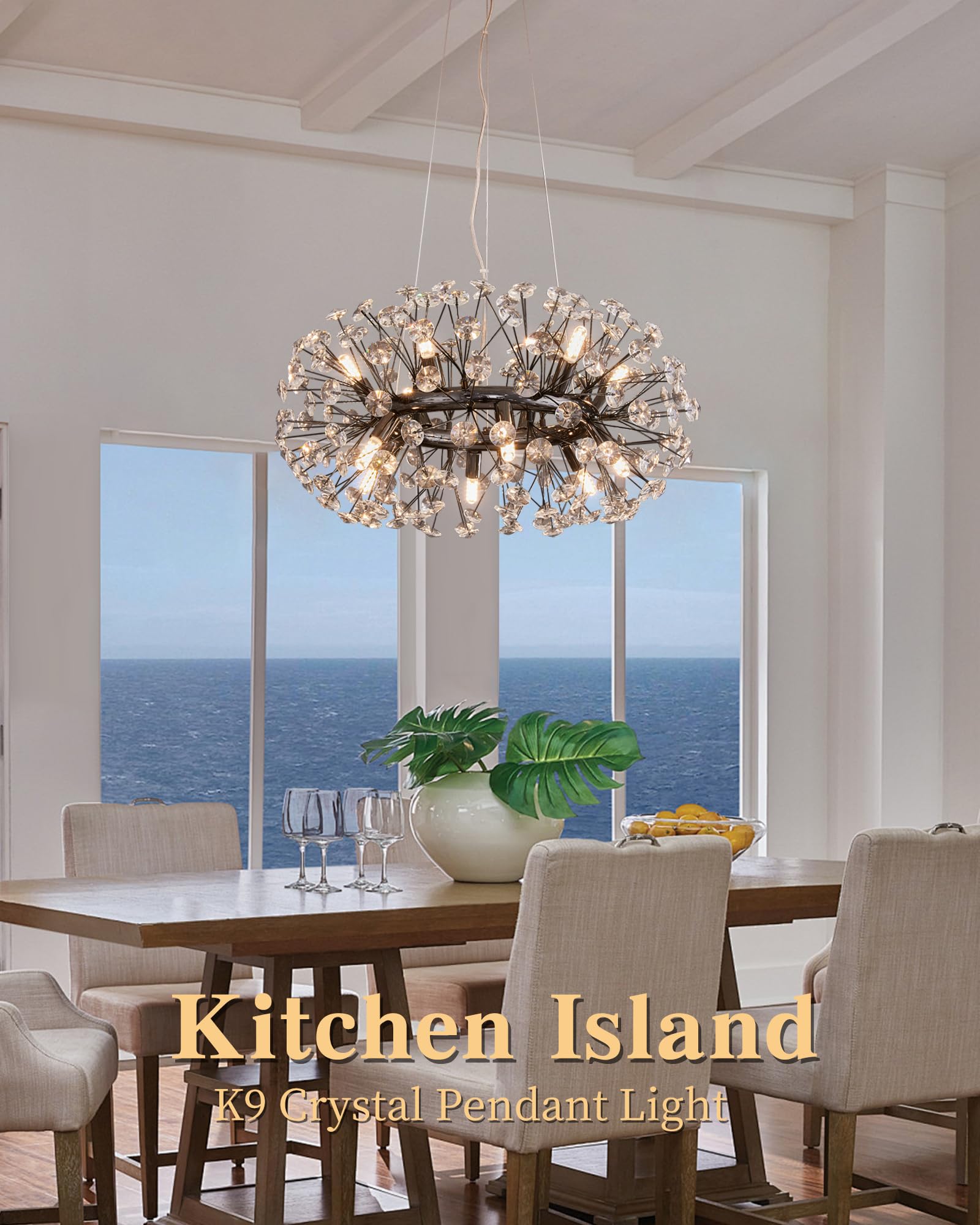 Witkey Modern Firework Chandelier, 23.62" Black Crystal Sputnik Pendant Light for Dining Room, Kitchen, Living Room - Model CHD-6012