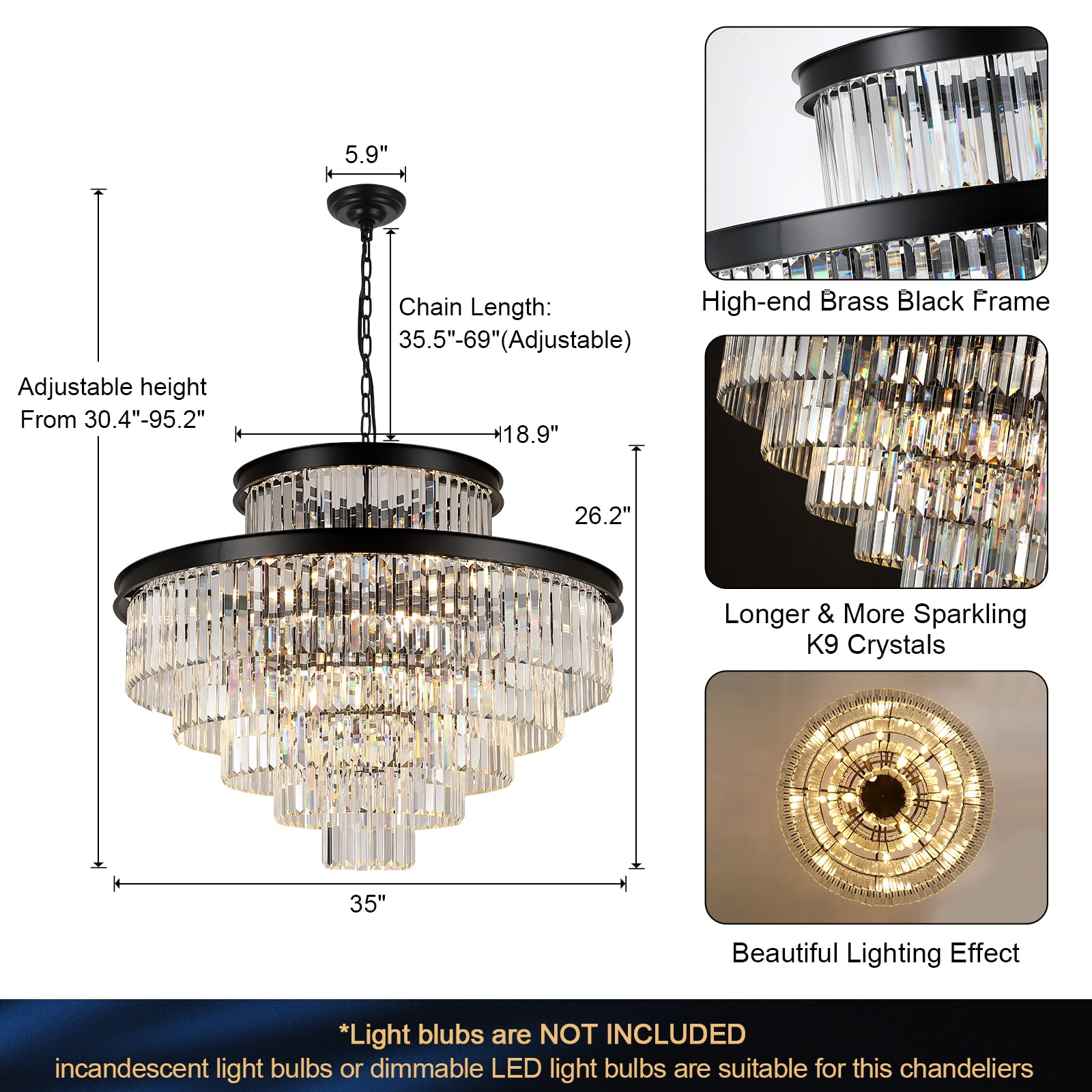 A AXILIXI 35in Large Black Crystals Chandelier K9 Crystal for High Ceilings, Adjustable Chain, Modern Design, Model 88319