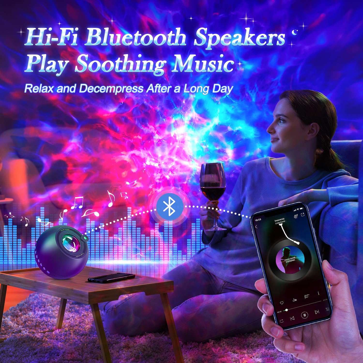 PIKOY Nebula Projector - 15 Colors + White Noise Sound Machine, Bluetooth Lumena Lamp, Star & Cloud Lights for Bedroom, Model WH-E14A, Blue
