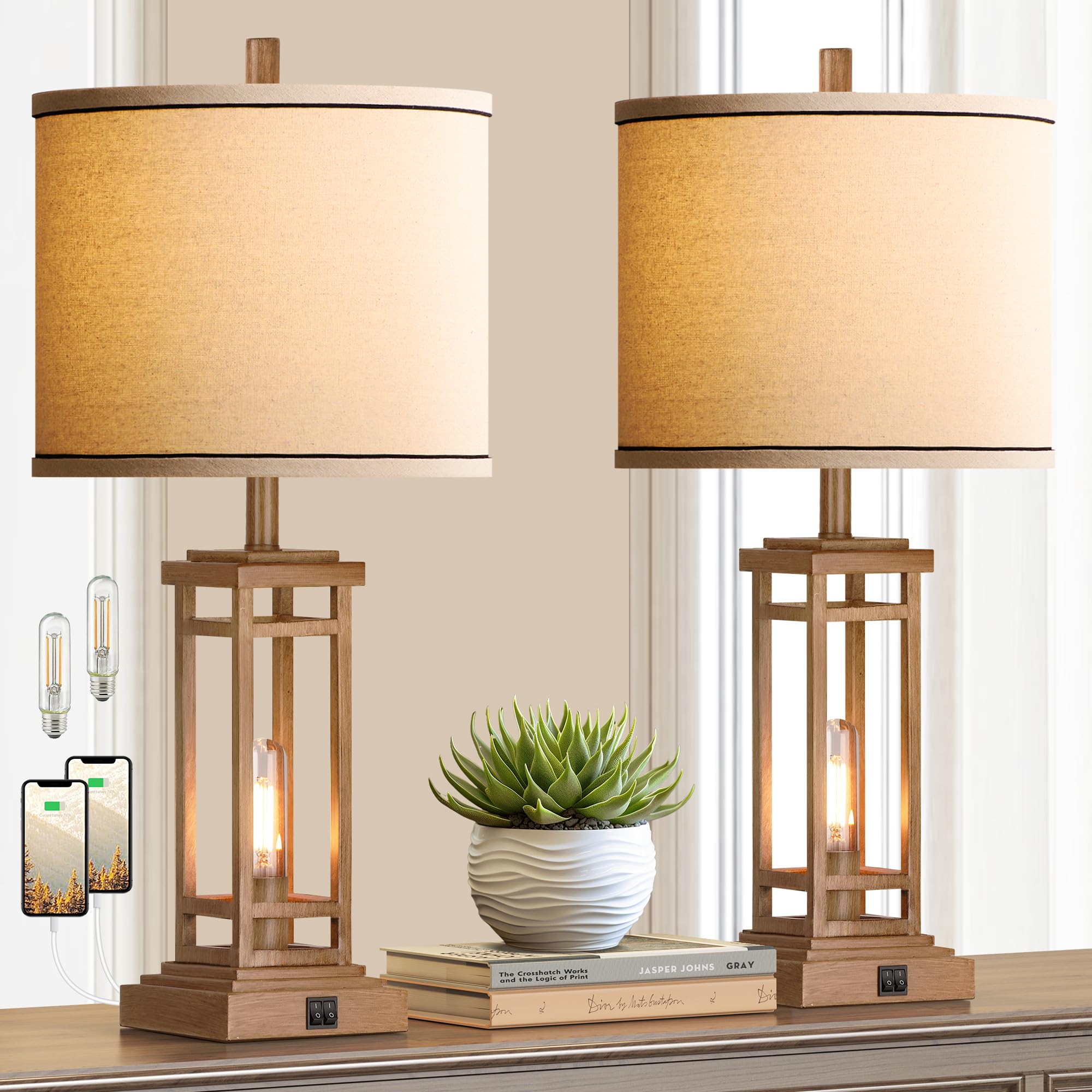Rottogoon Rustic 27.5&quot; Farmhouse Table Lamps Set Of 2 With Usb Ports - Black Metal & Wood