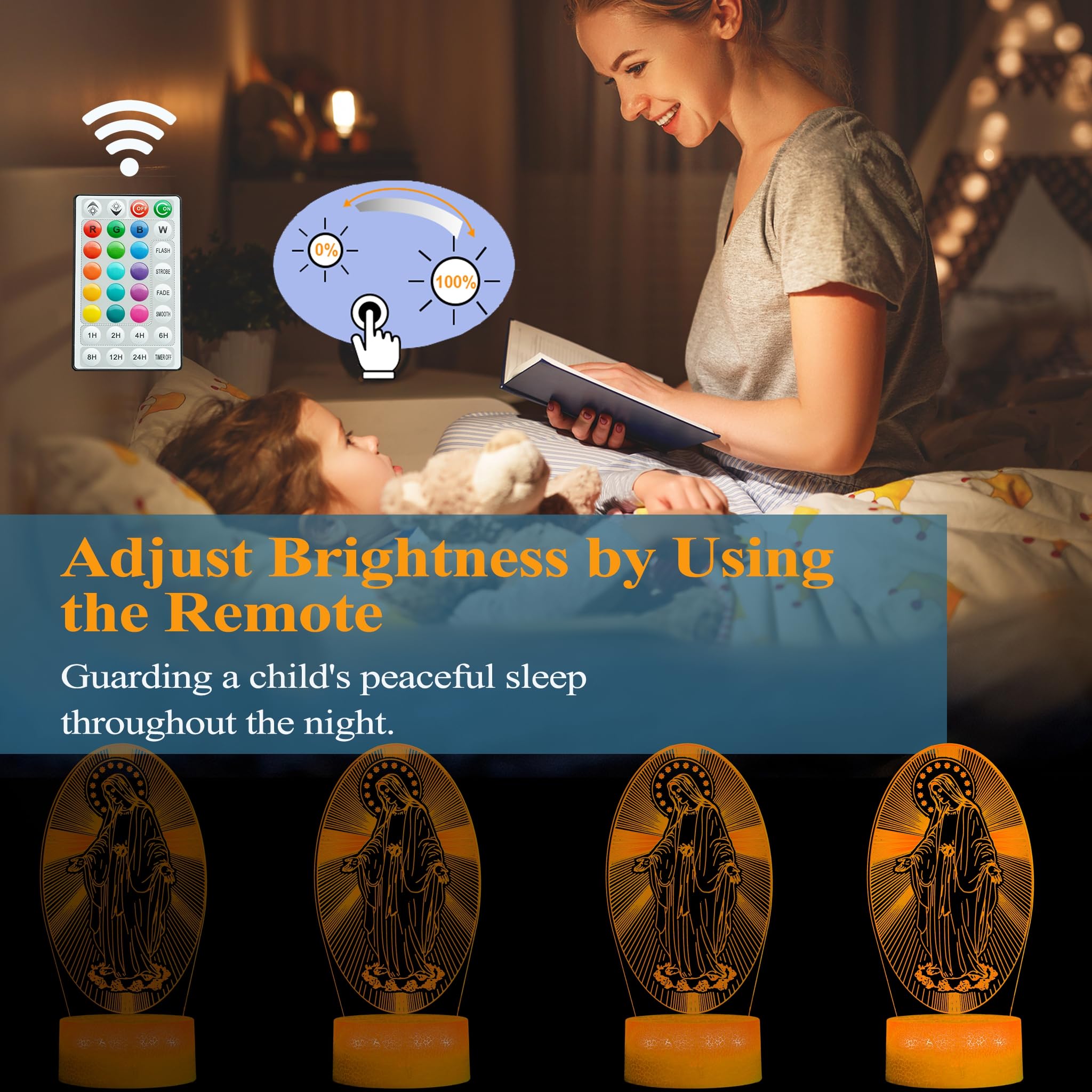 POSSHE 3D Virgin Mary Night Light, 16 Color Changing, Remote Control, 8.3" H, ABS Material, Model MY-3D LAMP-CRACK