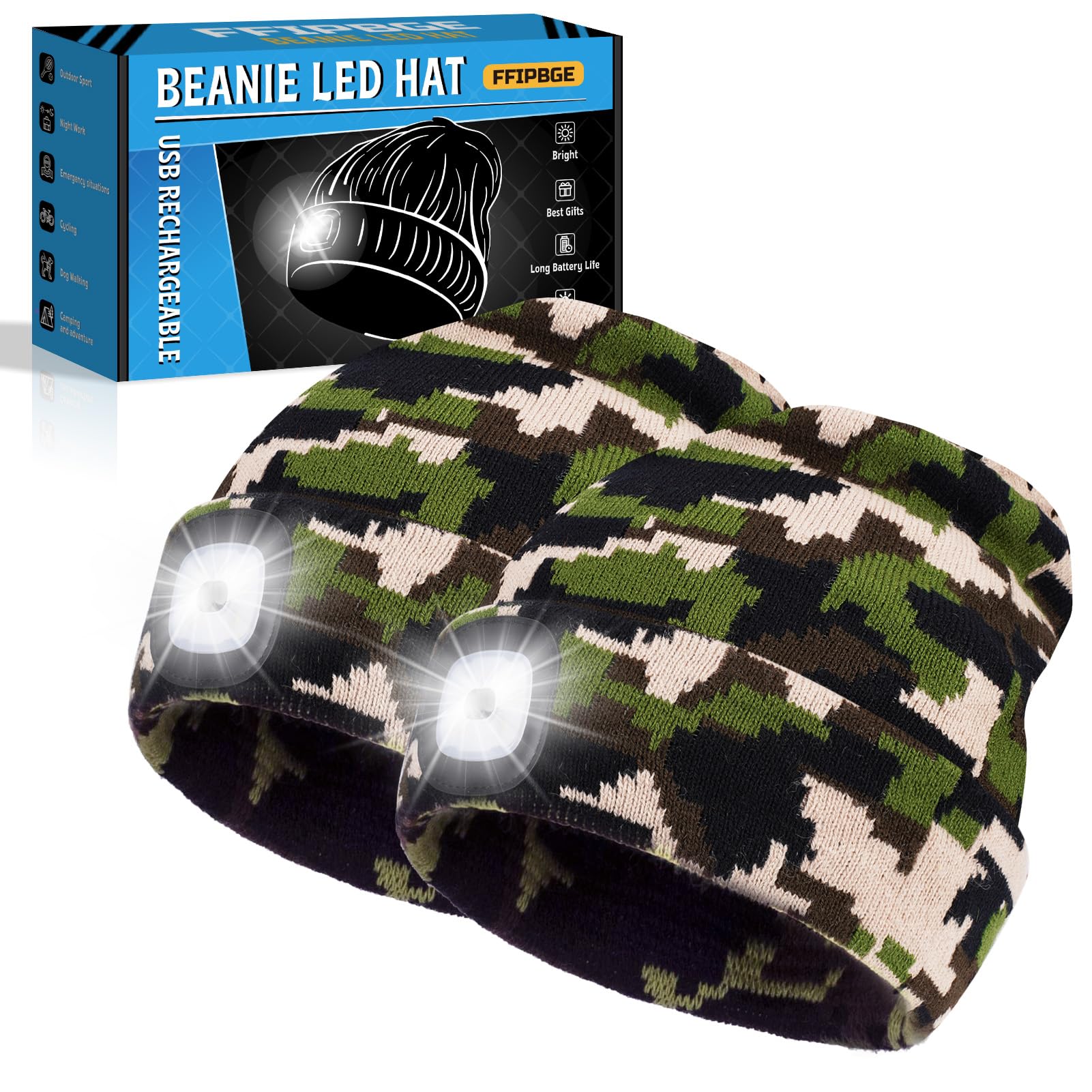 FFIPBGE Beanie Hats with Light, USB Rechargeable, 2 Pack, One Size-Medium, Camouflage, Model BHL2413
