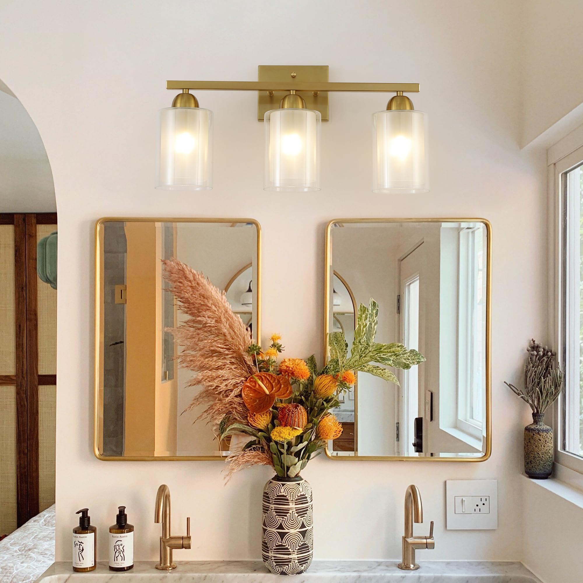 Mecgirn Stainless Steel Bathroom Vanity Light, 3 Light Brushed Gold, Milk & Clear Glass Shades, Model B0007-3-Gold
