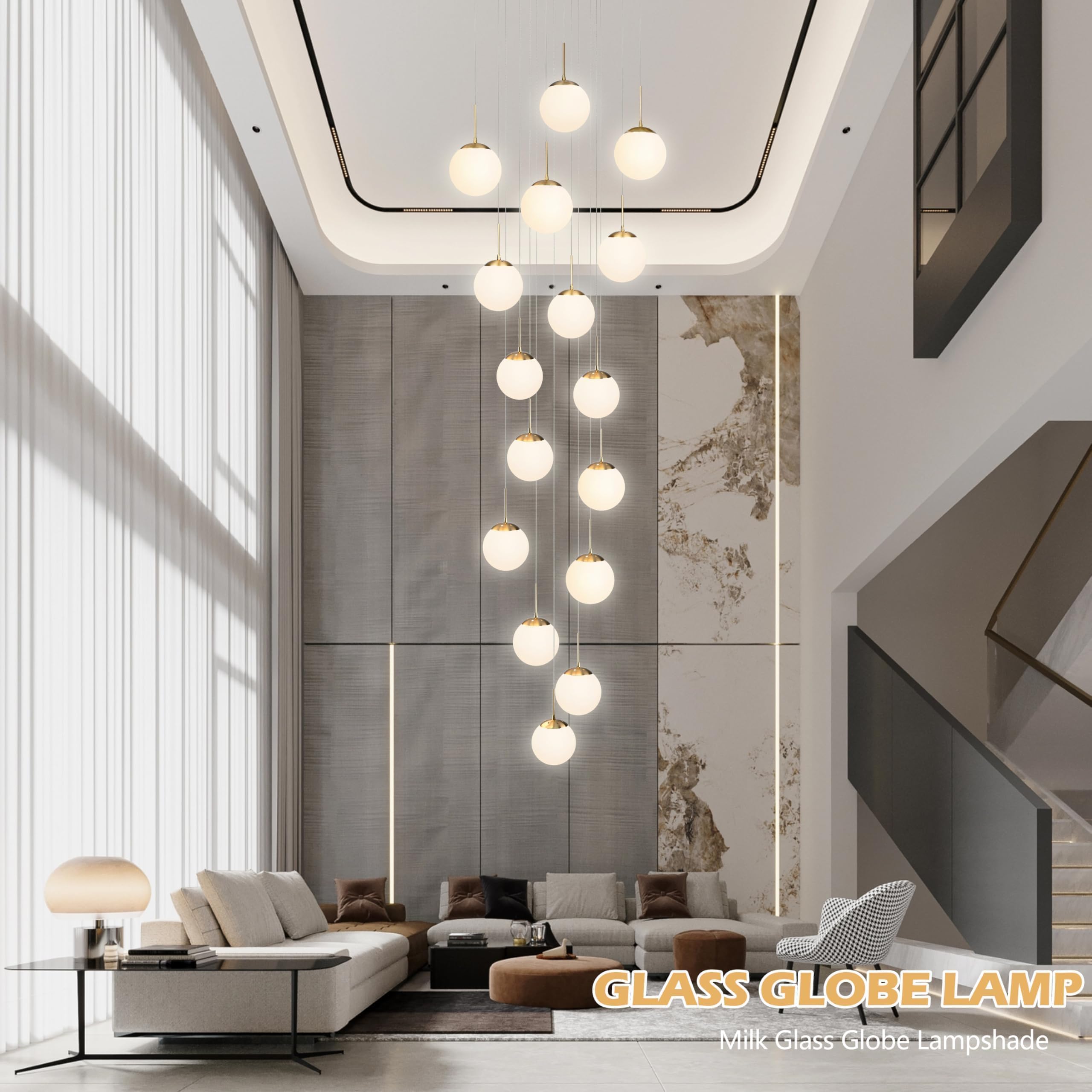 Koko&Yukina 16-Light Gold Mid Century Modern Chandelier For Living Room Staircase Chandelier For Entryway Globe Milky White Glas