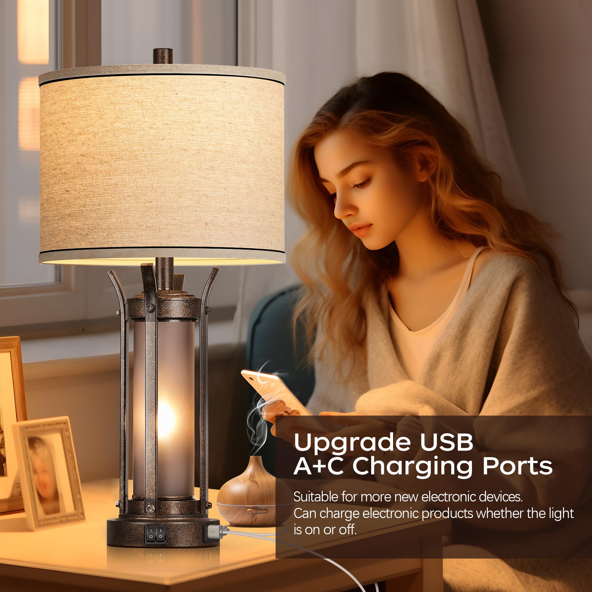 QiMH Rustic Farmhouse Table Lamps with USB Charging Ports, Frosted Glass Night Light, Bronze Finish, 4 Bulbs Included, Model STR-DL-0199