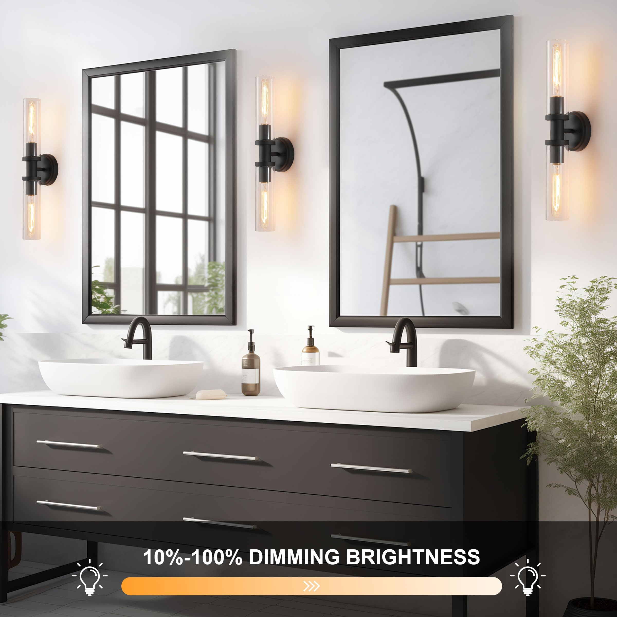 KUZZULL Wall Sconces Set of Two, Matte Black, Iron with Clear Glass for Bathroom, Living Room, Hallway, Bedroom