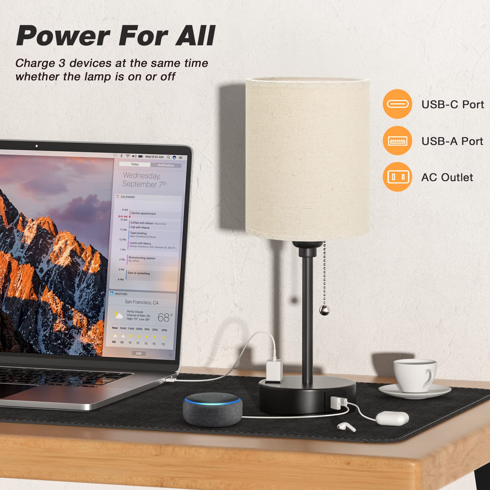 Dicoool Beige Table Lamps - 3 Levels Brightness, USB C & A Ports, AC Outlet, Fabric, Model 15-3 for Bedroom & Kids Reading