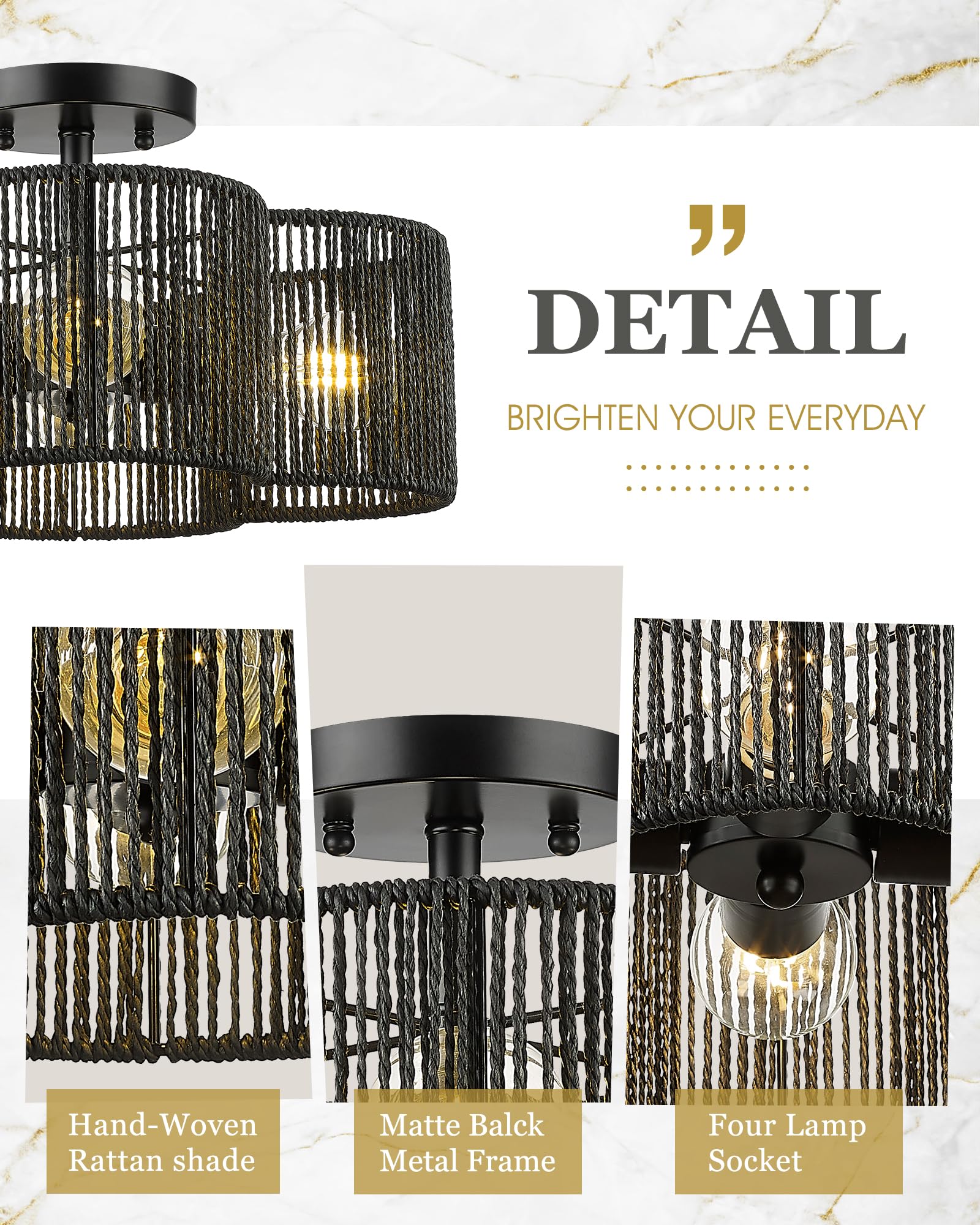 Audickic Rattan Ceiling Light Fixture, 4-Light Semi Flush Mount, 14in Black Hand-Woven Shade, Model AD-22007-4SF-RA-BK