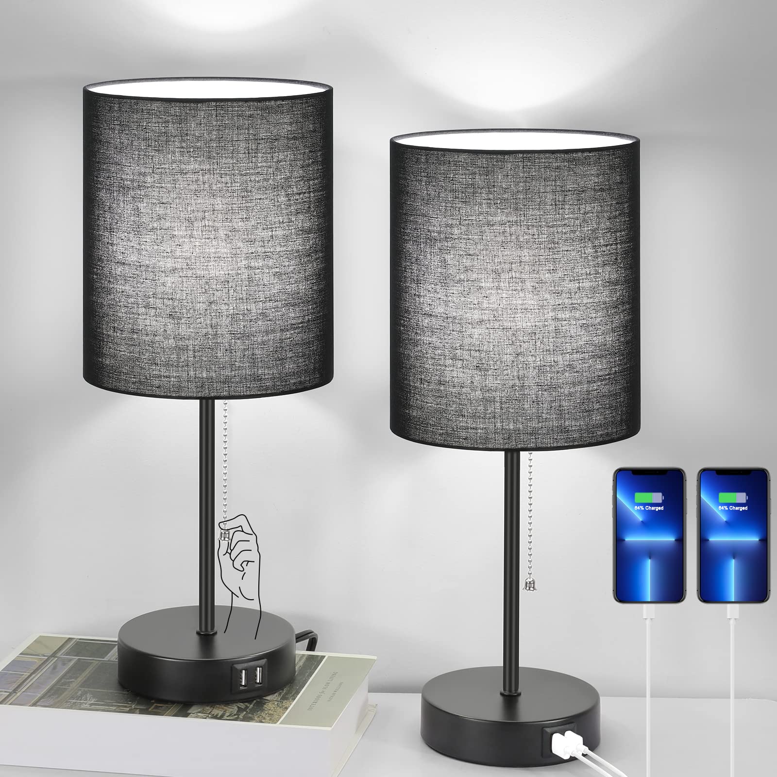 Table Lamps Set of 2 with USB Charging Ports, Black Bedside Lamps with AC Outlet, Nightstand Lamps with Pull Chain Switch, Minim