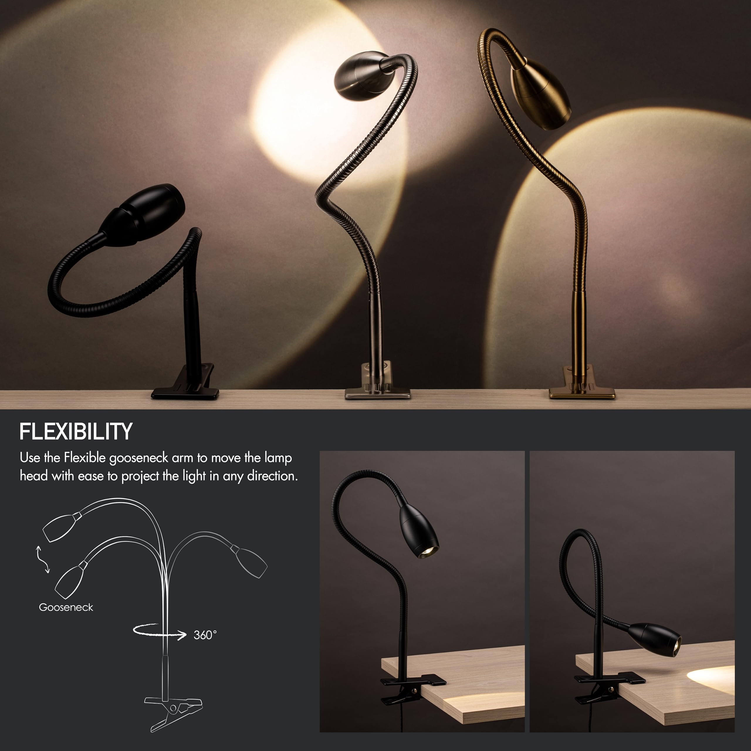 O'Bright Clip-on Lamp - Zoomable, Dimmable LED, Flexible Gooseneck, Metal Clamp, 4000K Light, Black, Model OB-CL15M