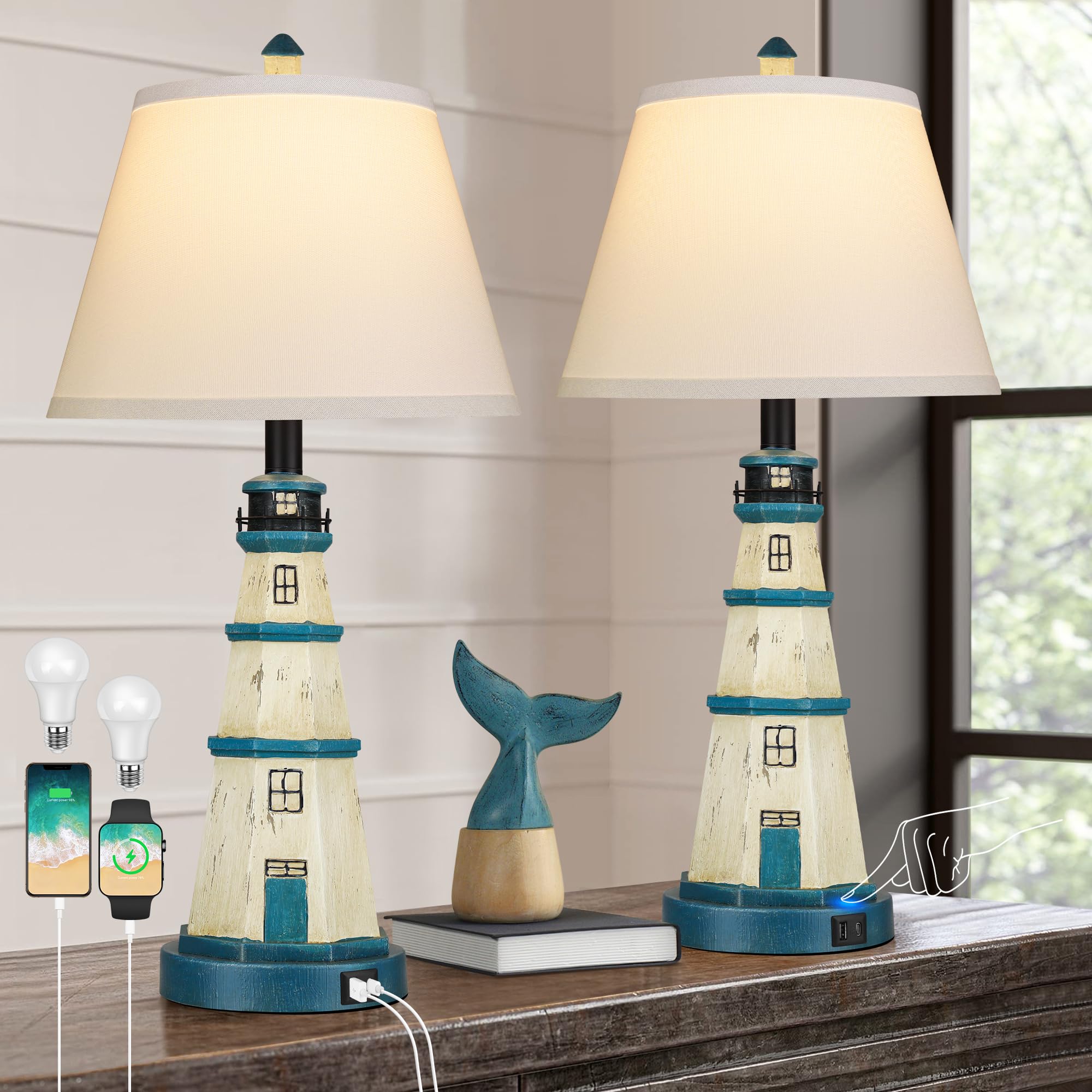 WIHTU Table Lamps Set of 2, Modern Touch Control, 3-Way Dimmable, USB Charging Ports, White Blue Lighthouse, Model WTLP171BL2