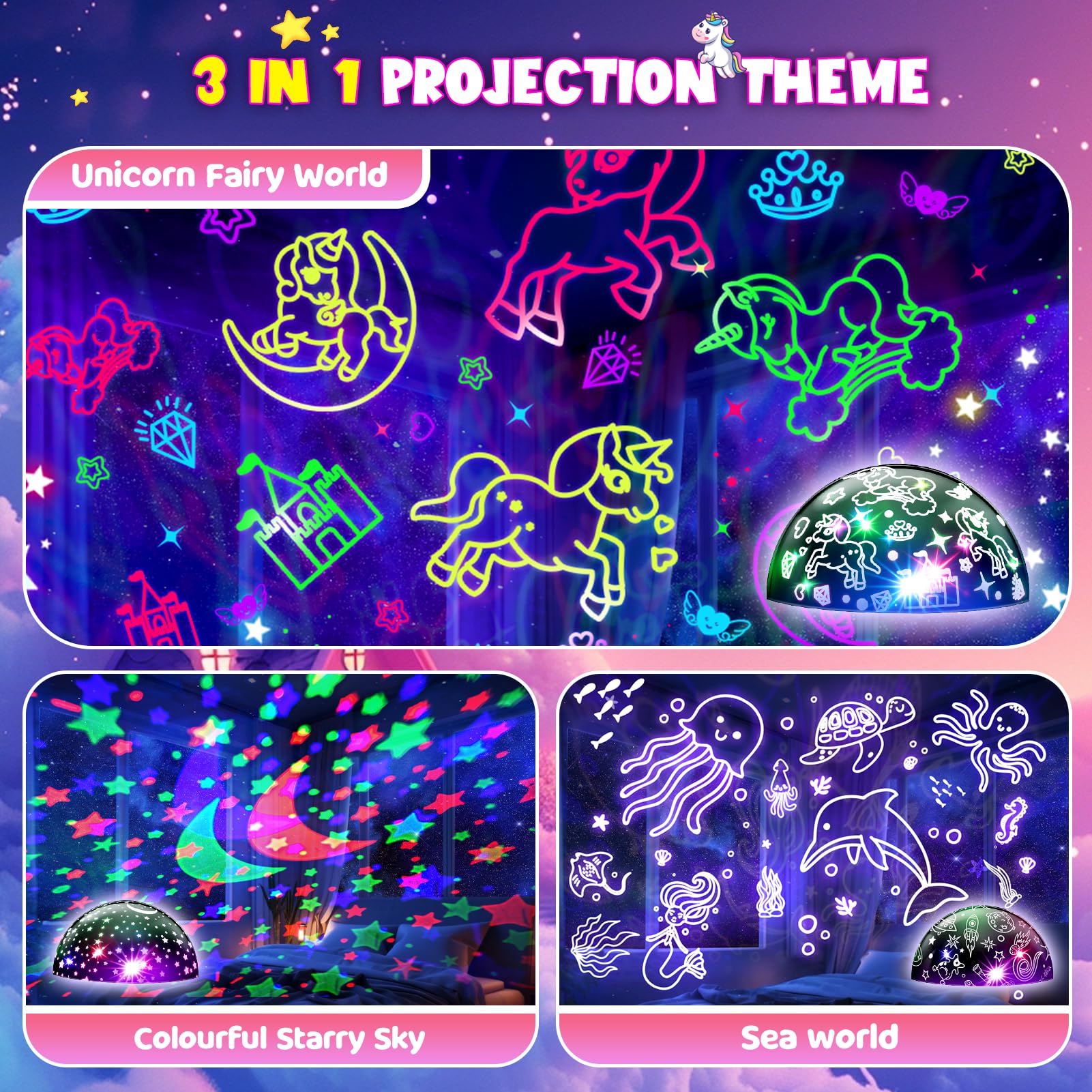 DEVRNEZ Night Light Projector for Kids, 4-in-1 Unicorn & Sea & Star, Pink, Model 005, Ideal for 3-12 Year Olds, Bedroom Night Lamp