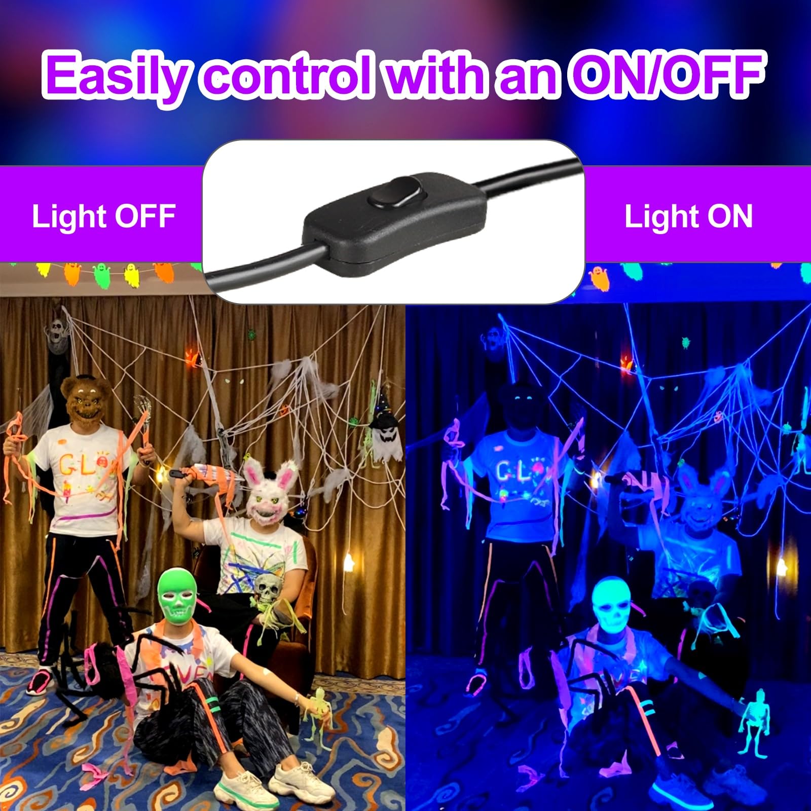 Yiayetog 120W Led Black Light Bar, 10Ft Cord & Switch, Aluminum Shell, Ip66 Waterproof Black Lights For Large Space, Glow Party, Halloween, Body Paint, Yard, 3 Pack