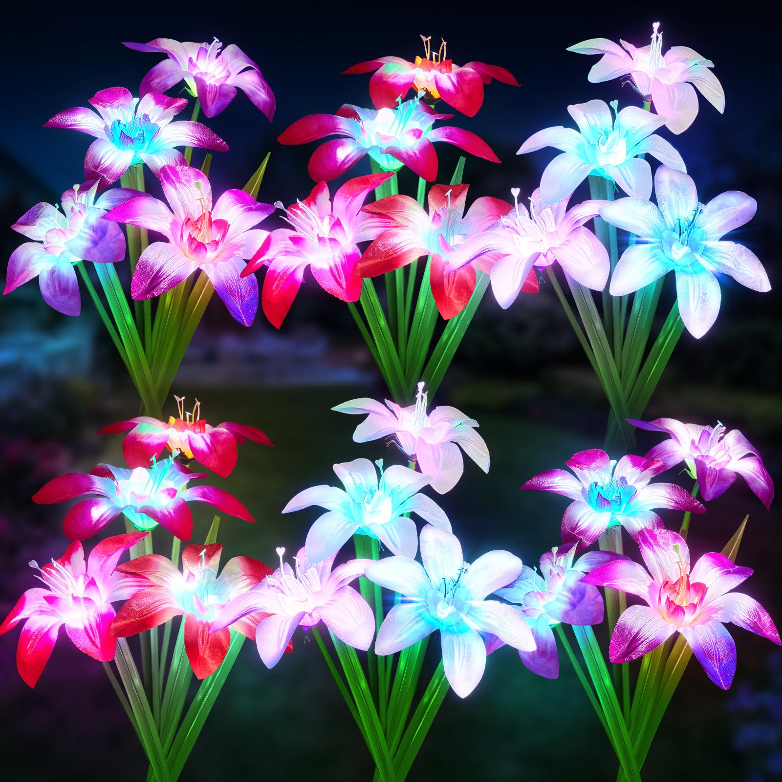 WdtPro Solar Garden Lights, 6 Pack, 24 Enlarged Lily Flowers, 7 Color Changing, Waterproof, Multicolor, Model TFL001