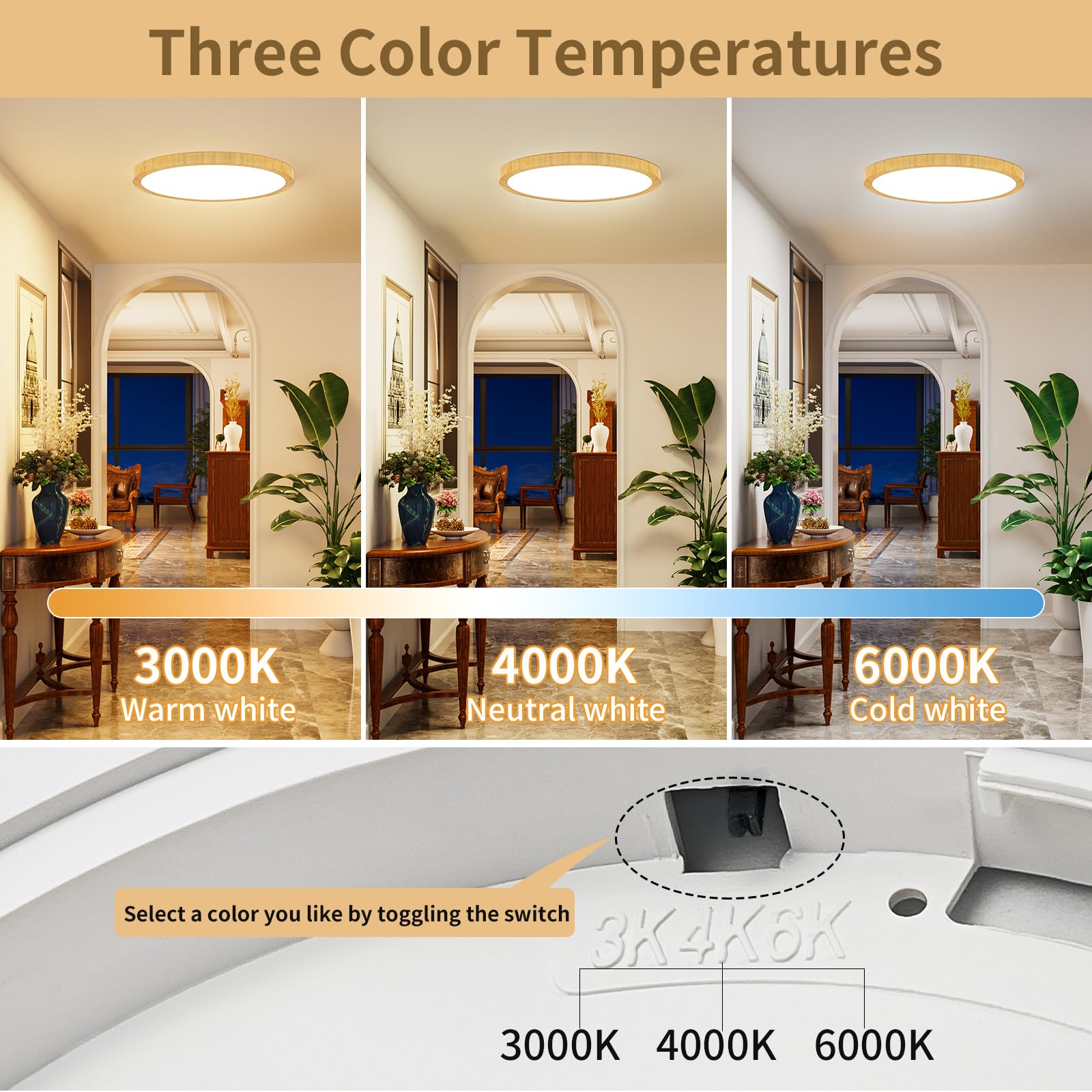 Light Fixtures Ceiling Mount: 12 Inch 24W Wood Grain 3Cct Led Ceiling Light 3000K-4000K-6000K Selectable Flat Low Profile Round Ceiling Lights For Bedroom Laundry Closet Hallway Office